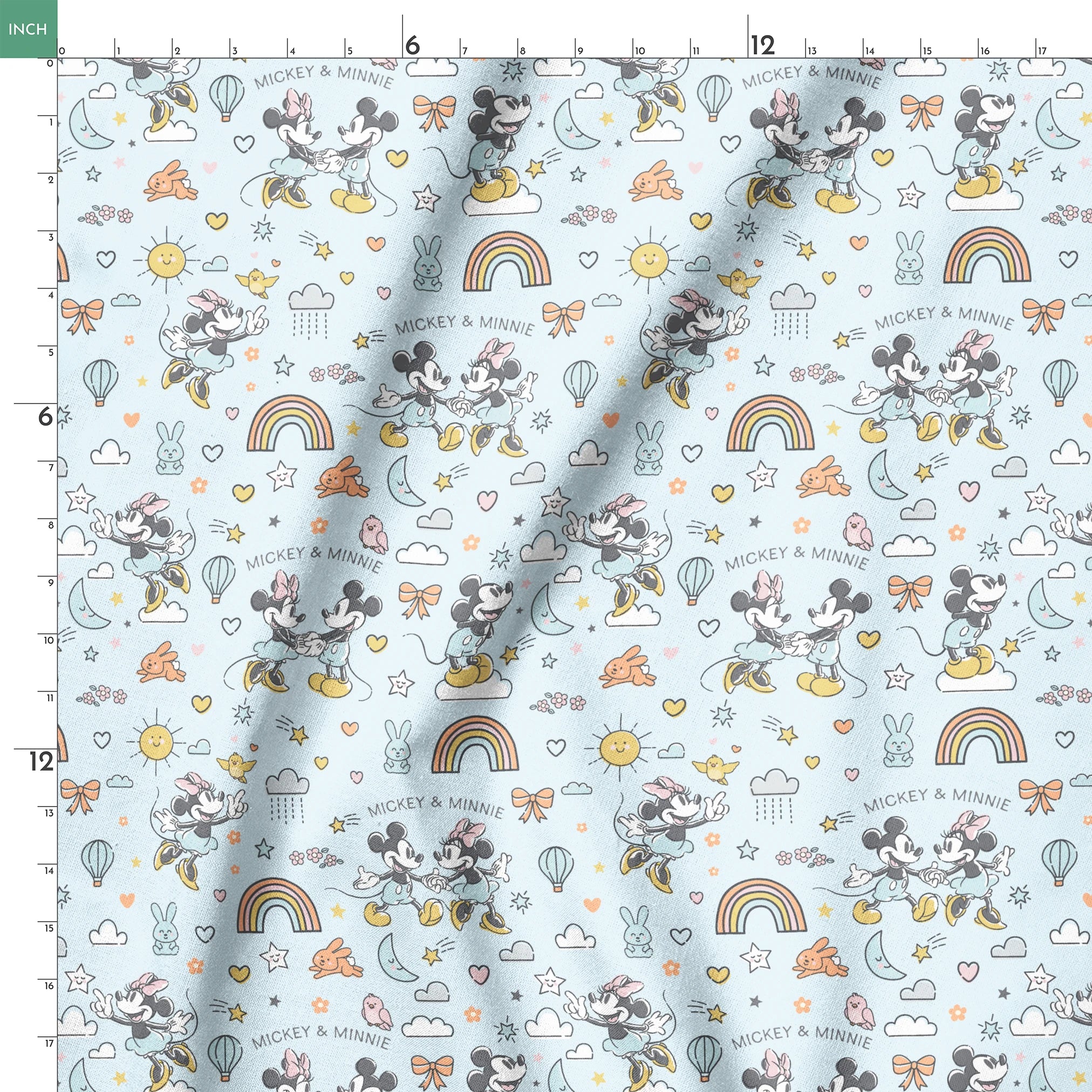 Playful Disney pattern with classic cartoon characters, rainbows, hearts, and whimsical elements on light blue background. springs ruler 18x18