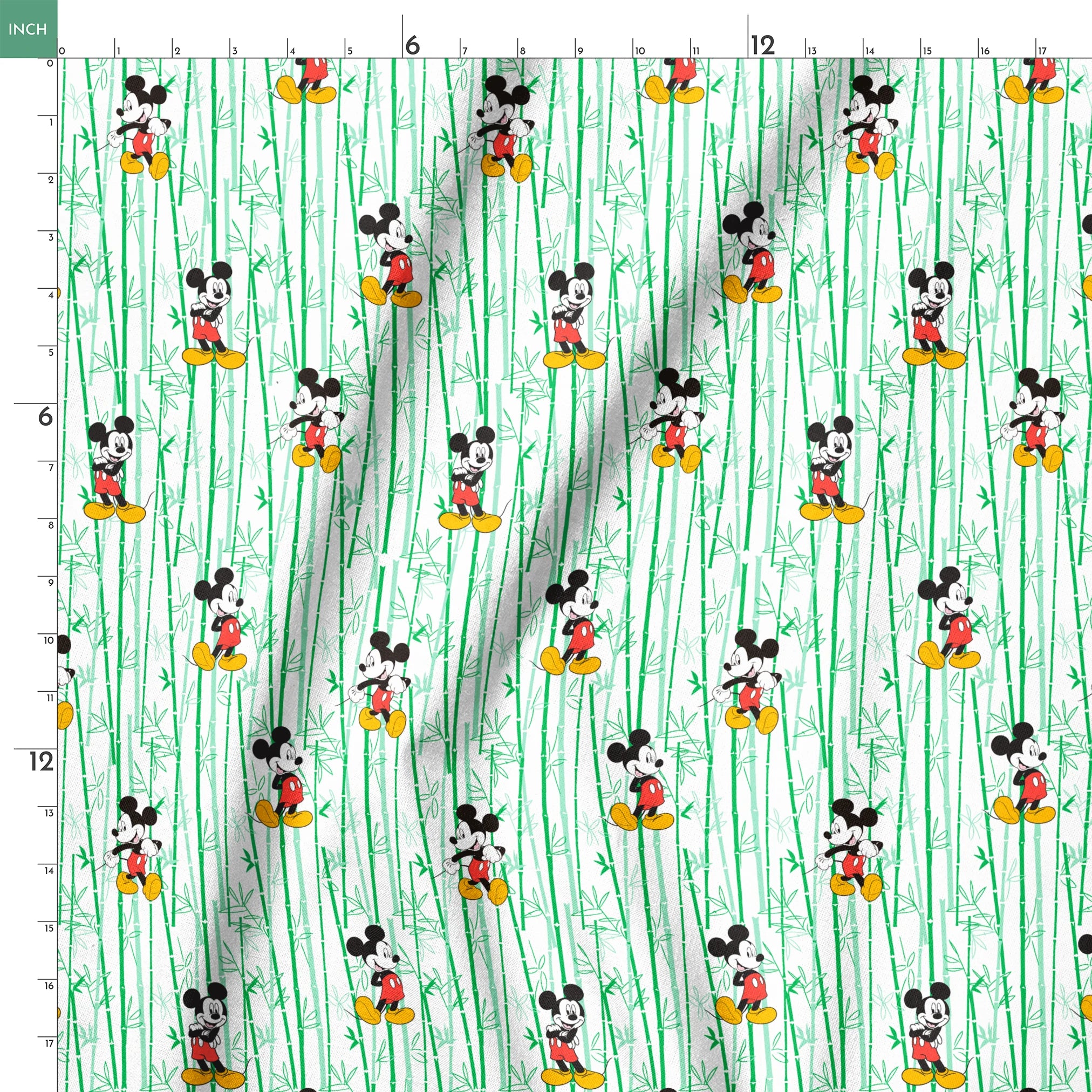 Cartoon mouse character pattern on white background with green vertical stripes springs ruler 18x18
