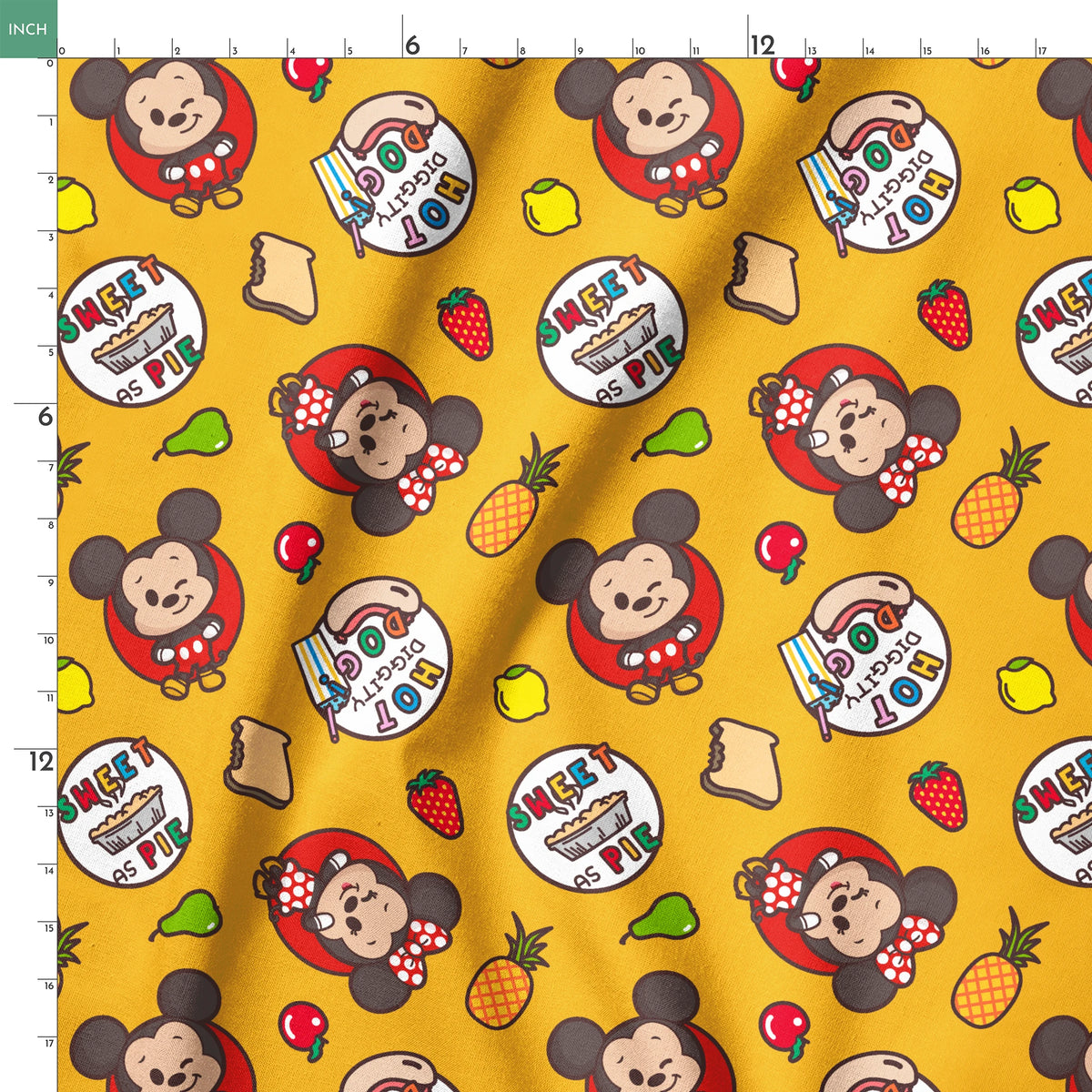 Mickey & Minnie Mouse with round badges on yellow background with fruit icons and toast patterns springs ruler 18x18