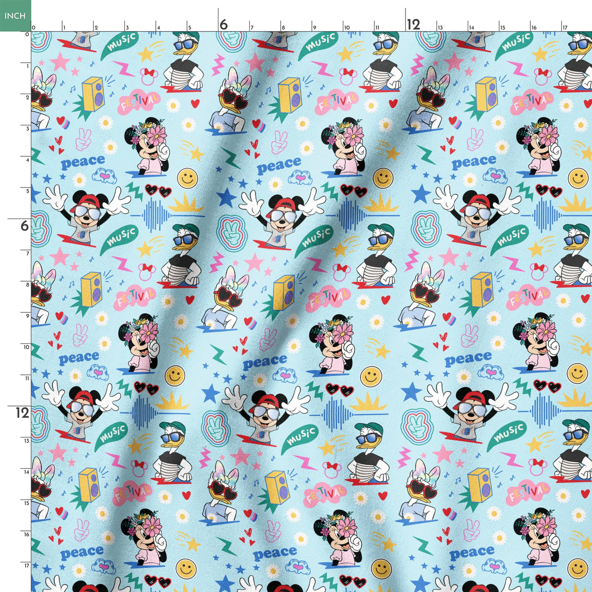 Colorful cartoon pattern with Disney characters, peace signs, stars, and music motifs on light blue background. springs ruler 18x18