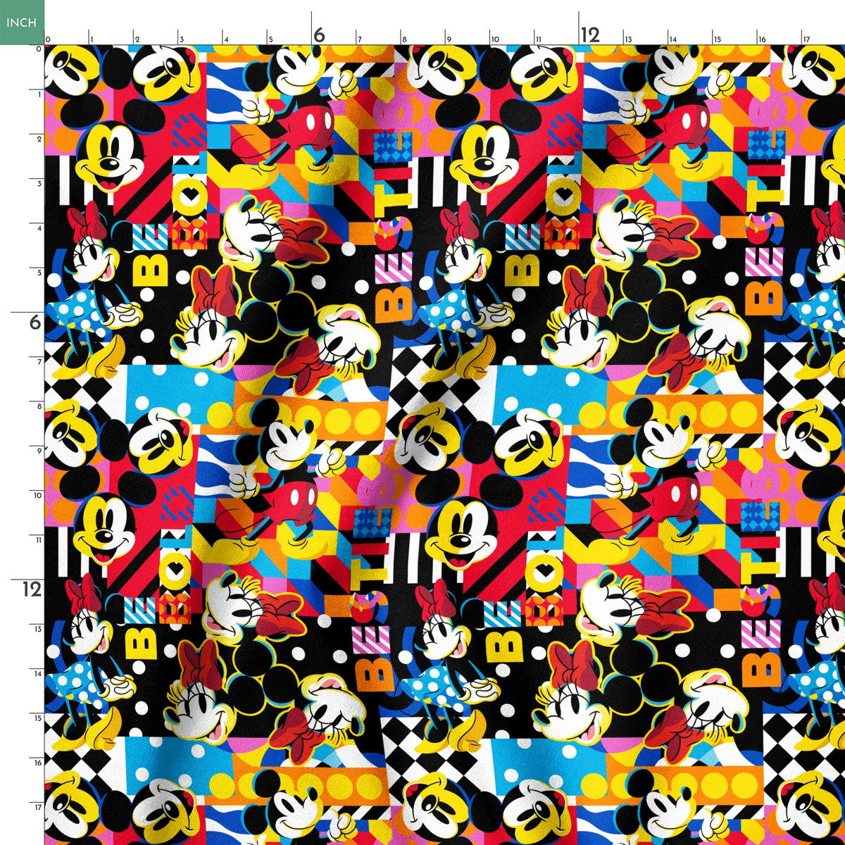 Vibrant pop art collage of Mickey Mouse in various poses against colorful geometric patterns and backgrounds springs ruler 18x18