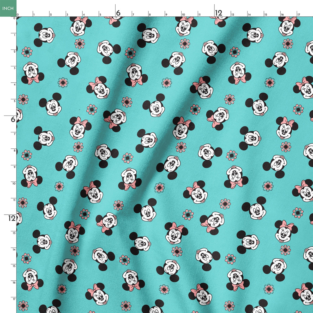Mickey and Minnie Mouse cartoon faces scattered on turquoise background with small flowers springs ruler 18x18