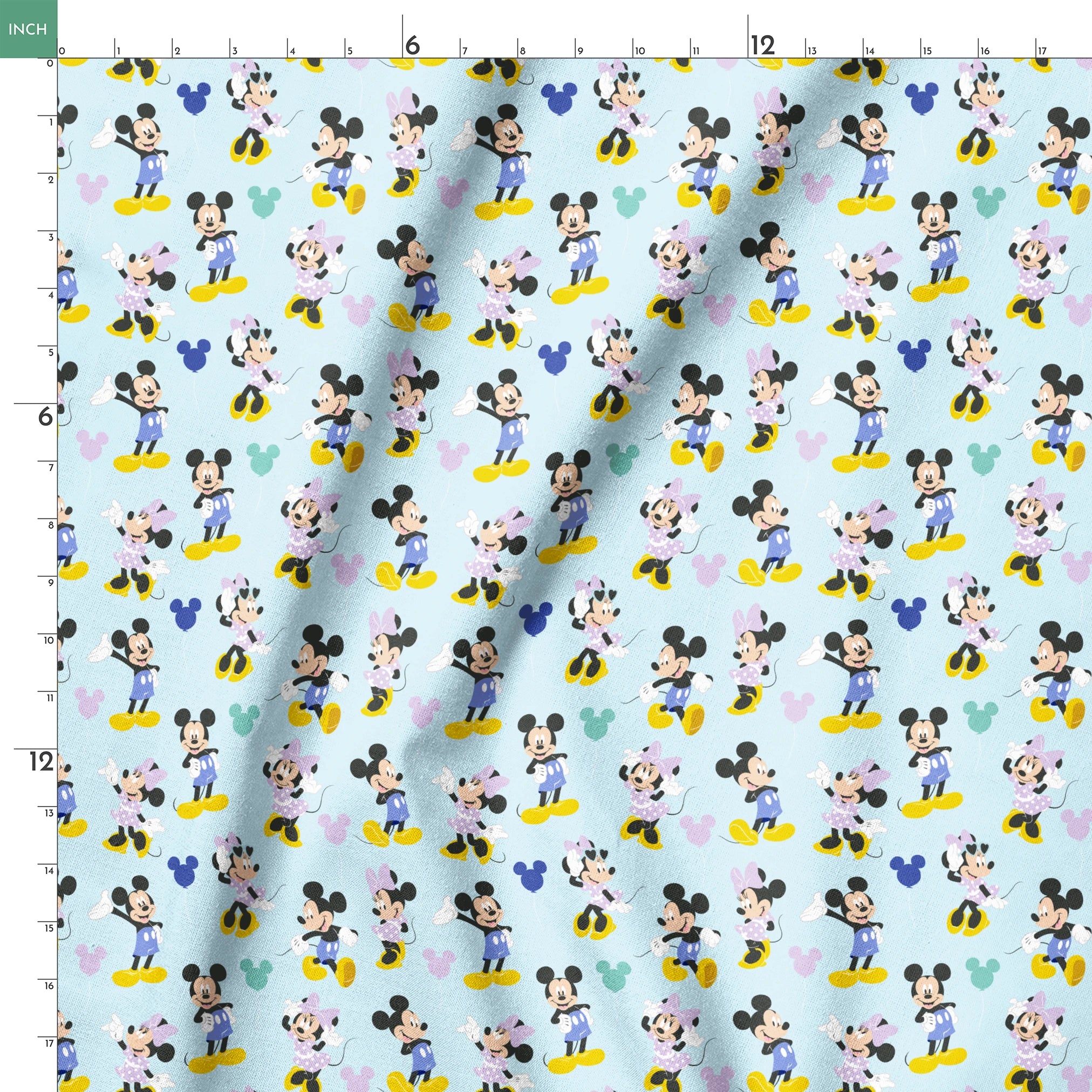 Pattern of Mickey and Minnie Mouse characters in various poses on light blue background springs ruler 18x18