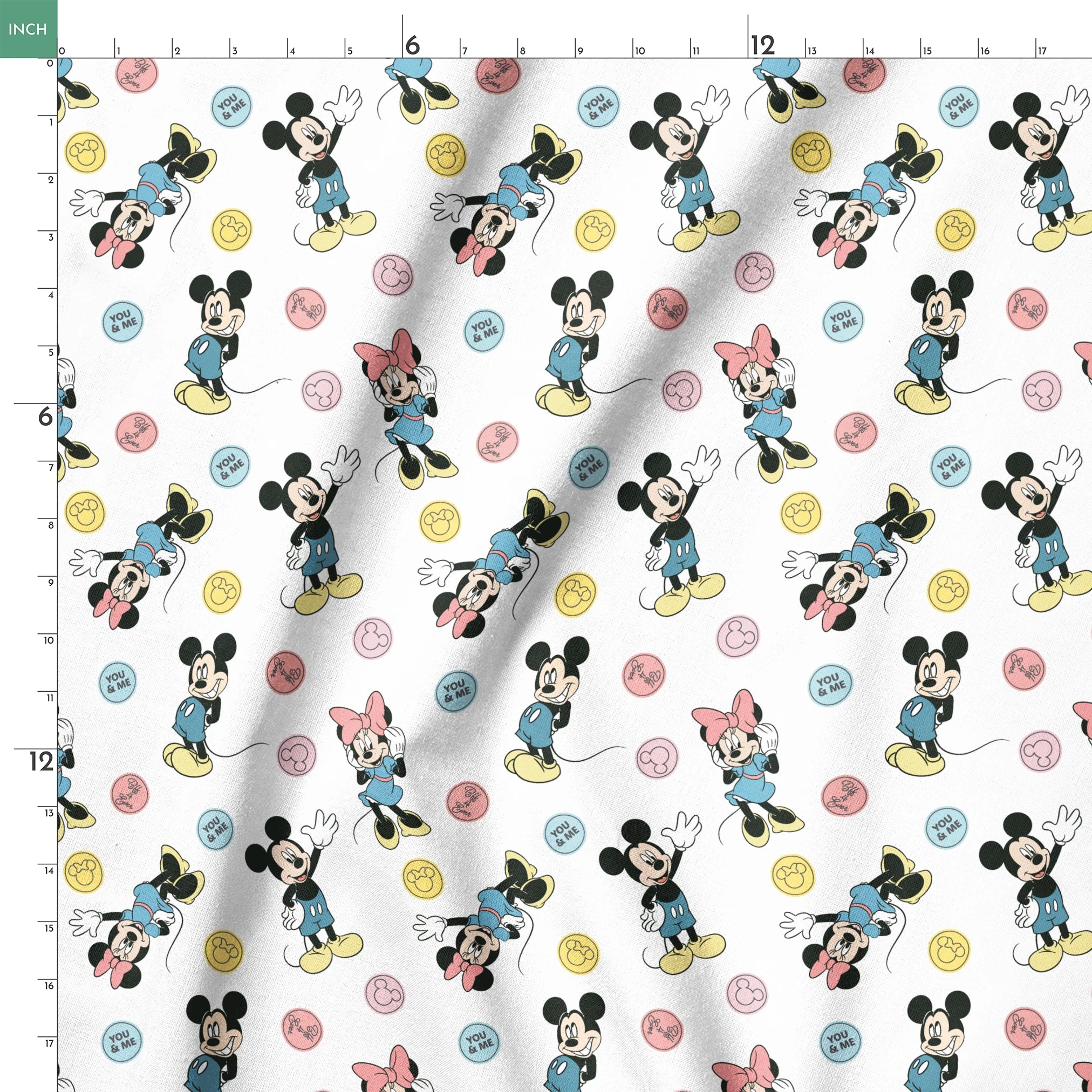 Mickey Mouse and Minnie Mouse cartoon pattern with colorful circles containing phrases on white background. springs ruler 18x18