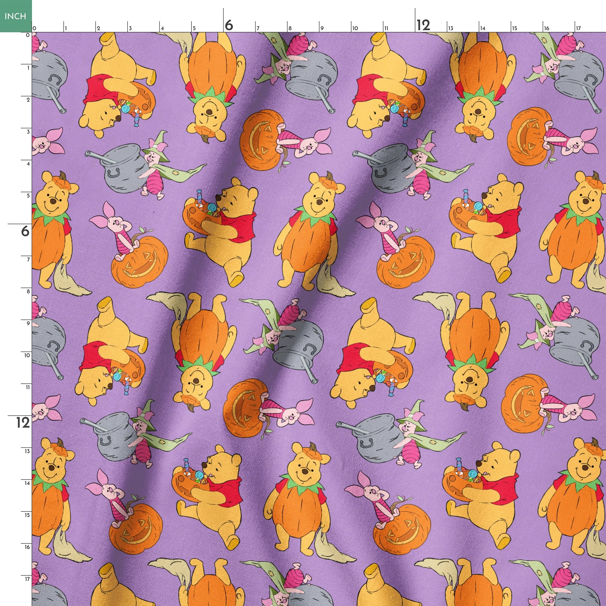 Whimsical Winnie the Pooh pattern with Piglet and Eeyore on purple background with pumpkins springs ruler 18x18