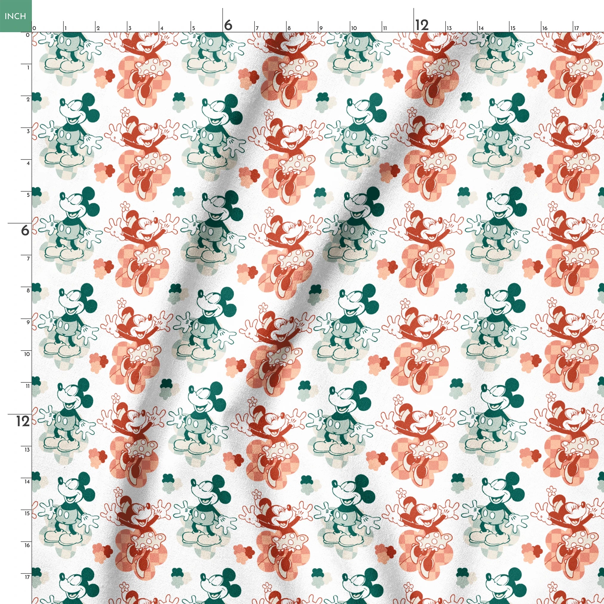 Repeating pattern of vintage-style cartoon characters in green and red-orange tones on white background springs ruler 18x18