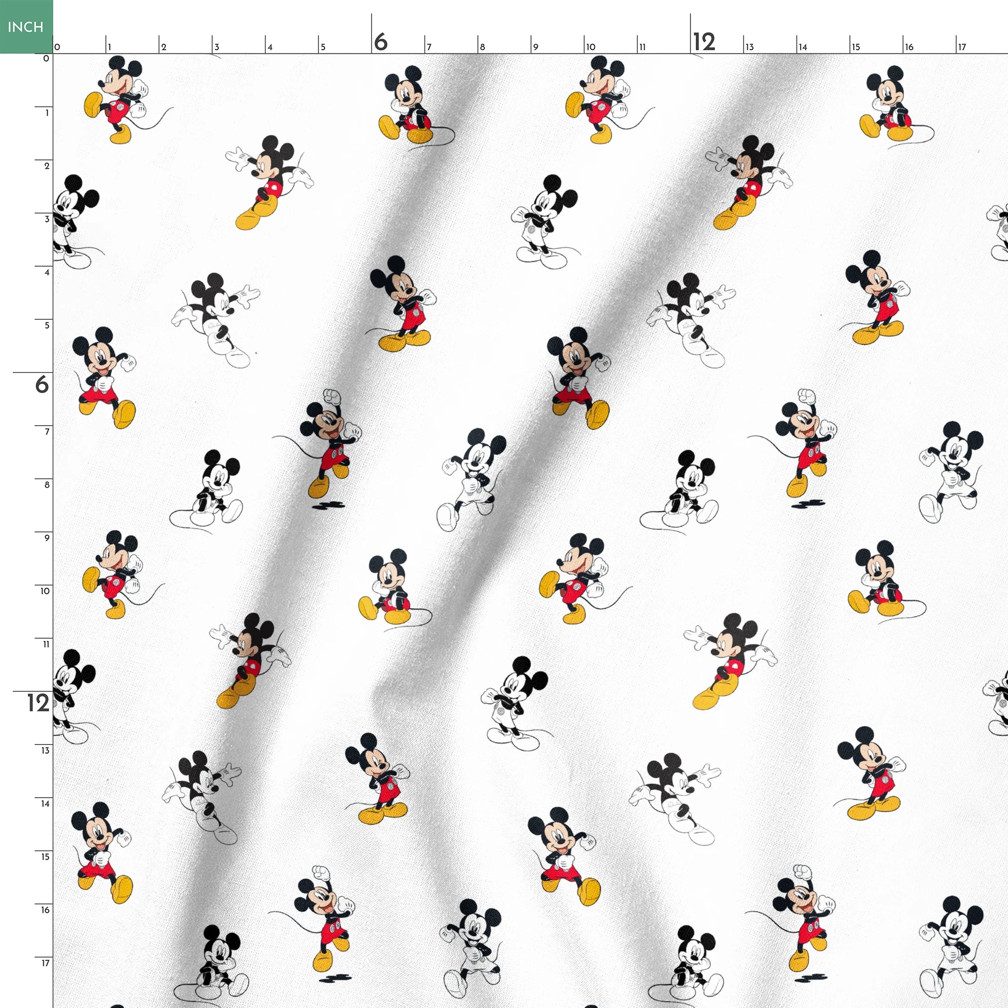 Repeating pattern of Mickey Mouse cartoon characters in various poses on white background springs ruler 18x18