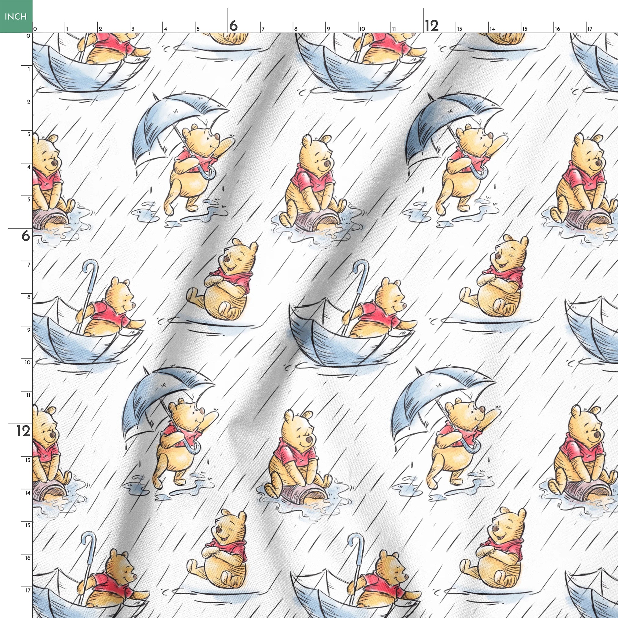Small bear characters in a rainy scene - some holding umbrellas, others in paper boats, wearing red shirts springs ruler 18x18
