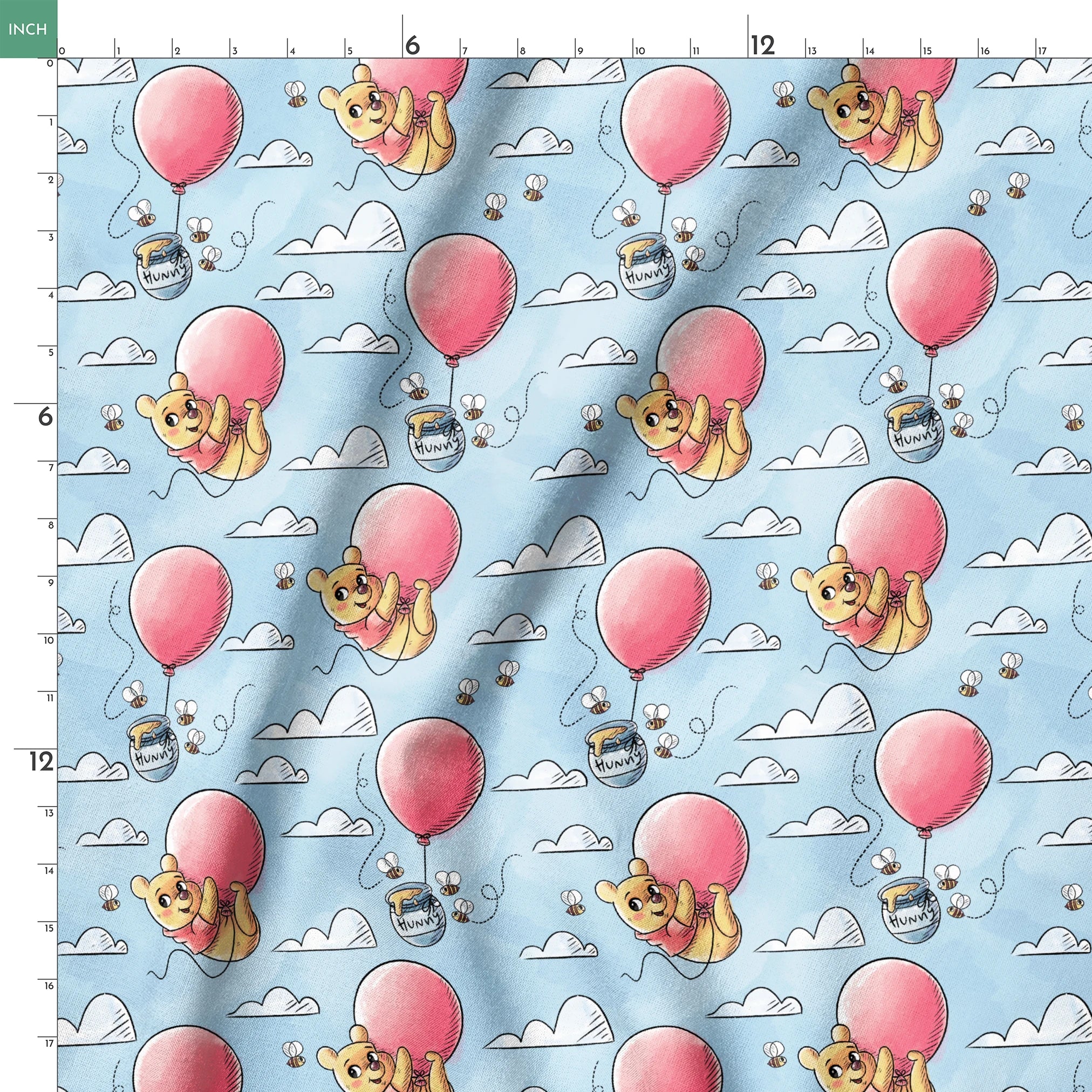 Cute yellow bear characters floating with pink balloons and honey pots against a blue sky with cl... springs ruler 18x18