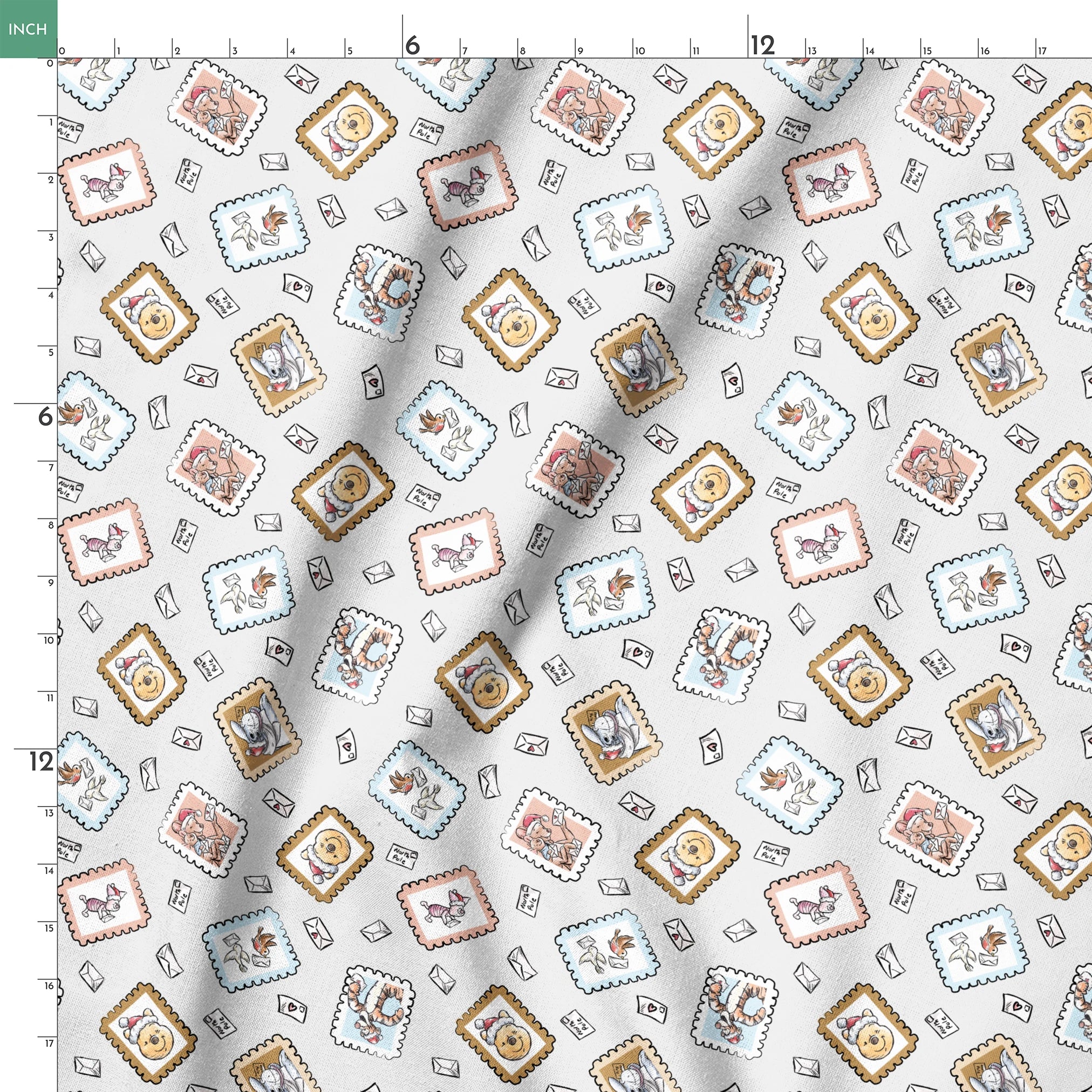 Vintage-style postage stamps with fairy tale illustrations on a light gray background with envelo... springs ruler 18x18