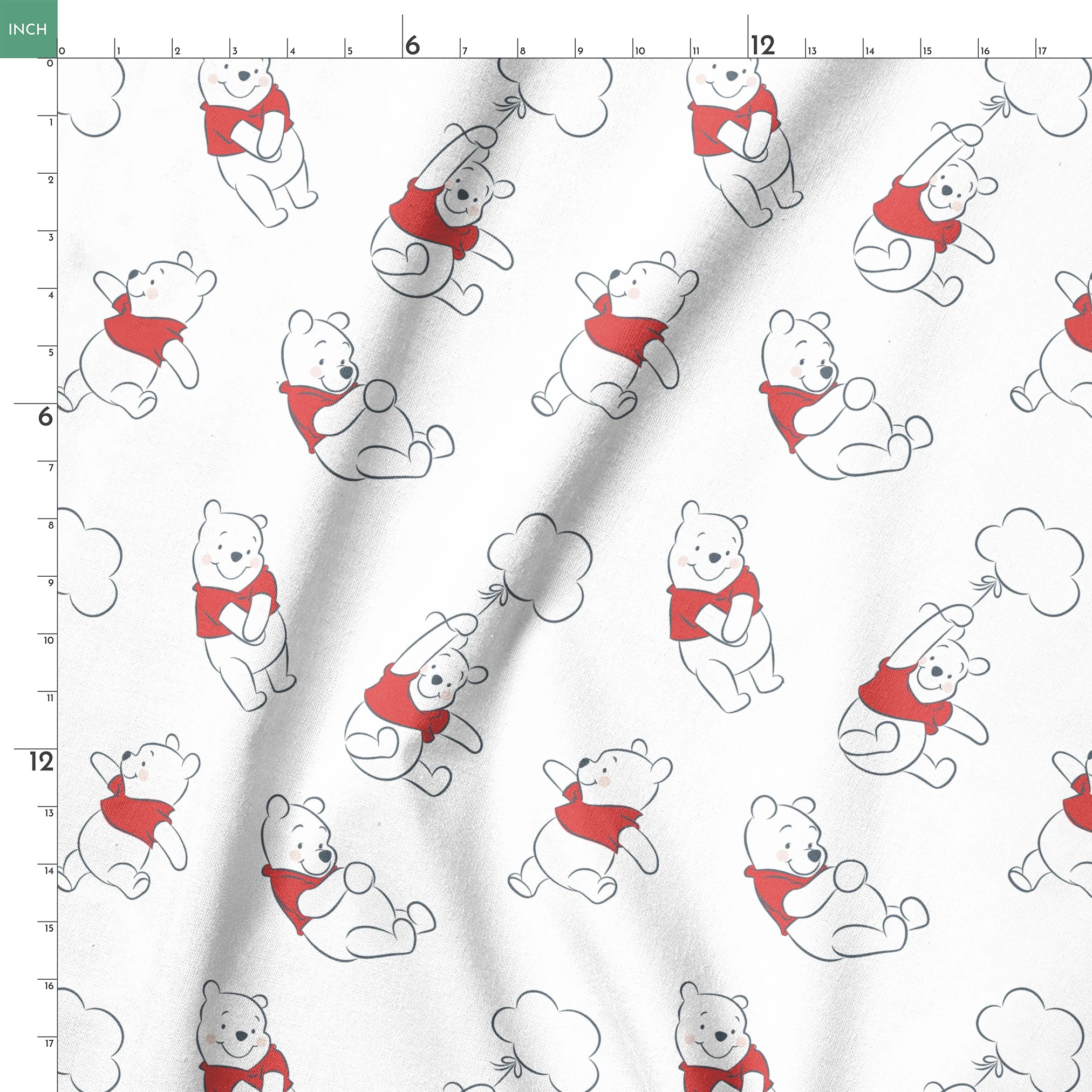 Illustration pattern of Winnie the Pooh in different poses wearing a red shirt on white background springs ruler 18x18