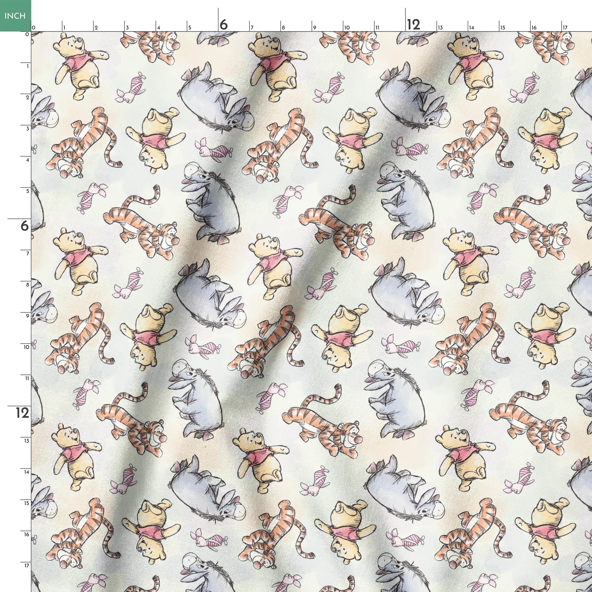 Whimsical pattern featuring cartoon bears in red shirts with bouncing tigers and small pink chara... springs ruler 18x18