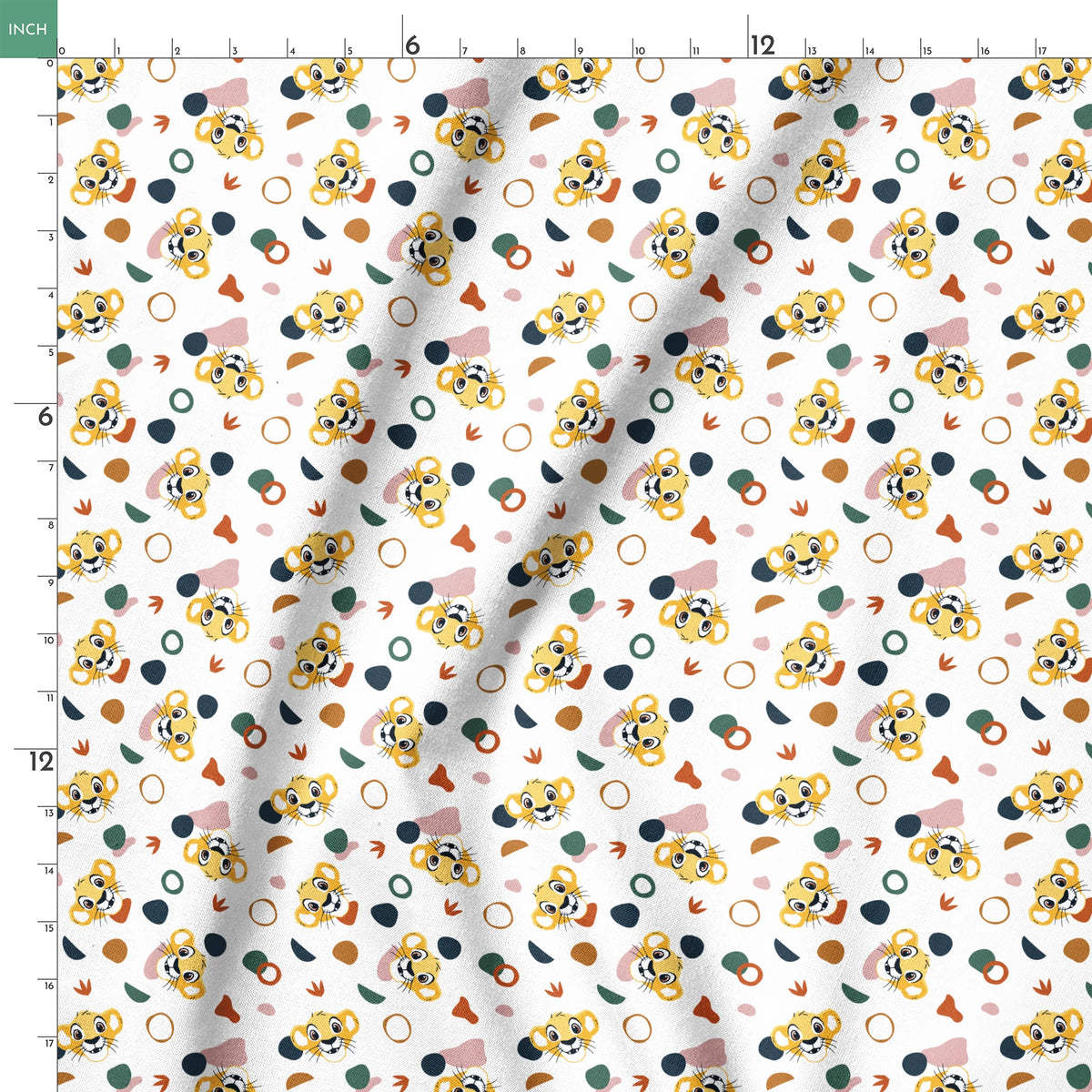Cute Lion King characters with colorful abstract shapes in pink, teal, brown, and navy on white springs ruler 18x18