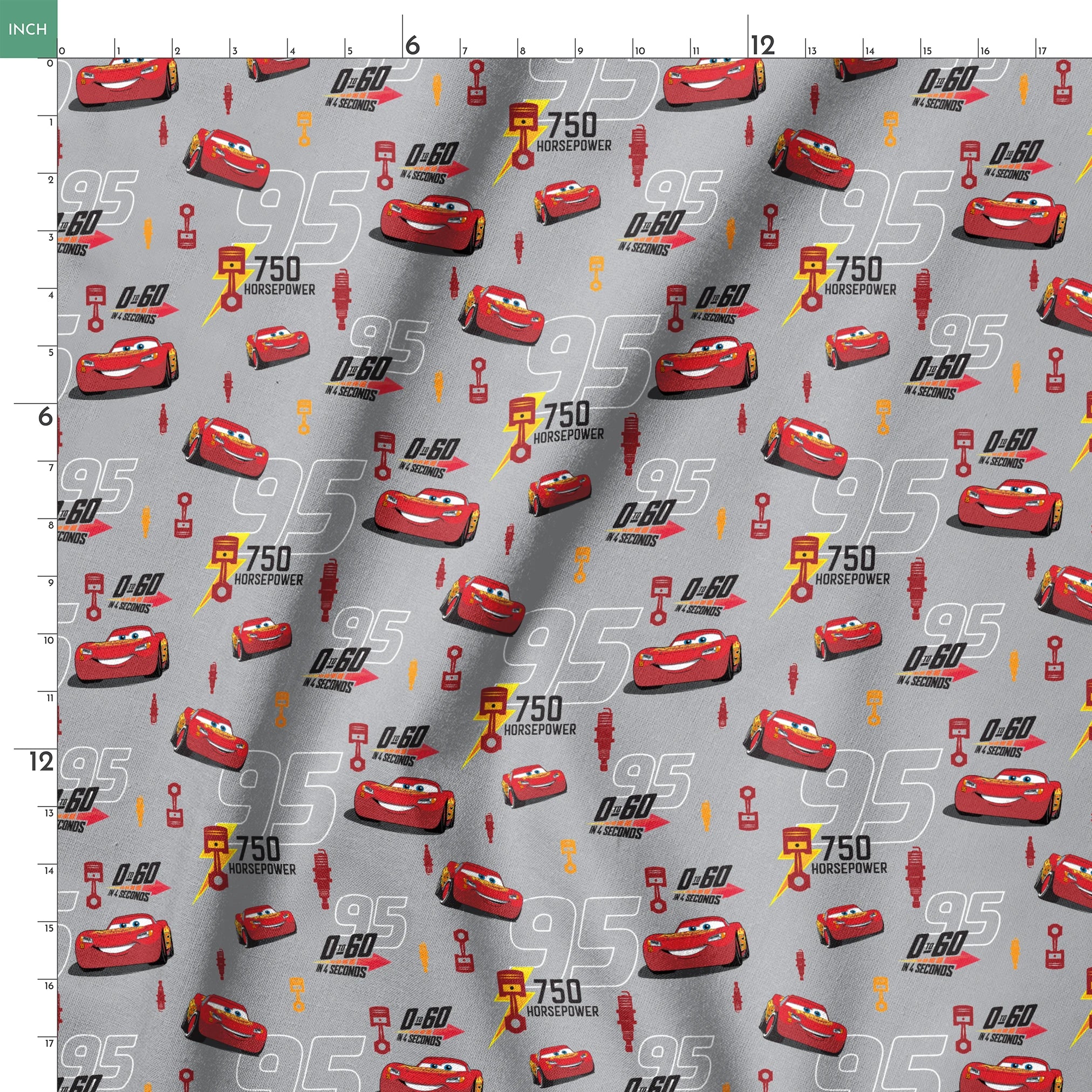Red race cars with number 95 on gray background with racing graphics and "750 horsepower" text springs ruler 18x18