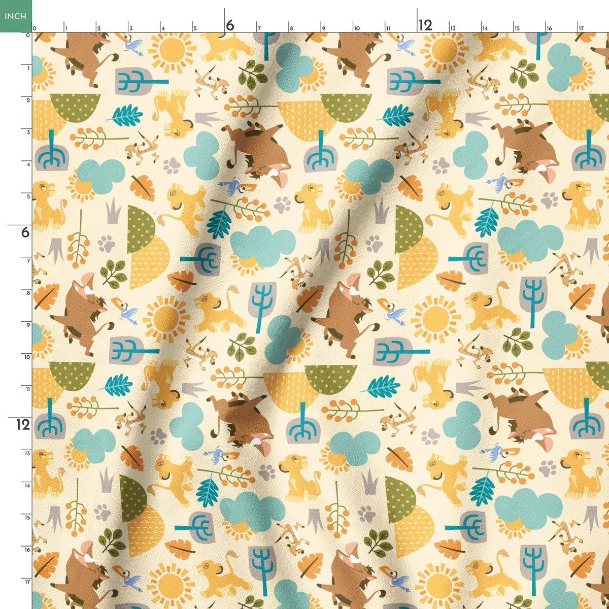 Playful Lion King pattern with brown bears, yellow puppies, blue clouds, stylized trees, and sun motifs on cream background springs ruler 18x18