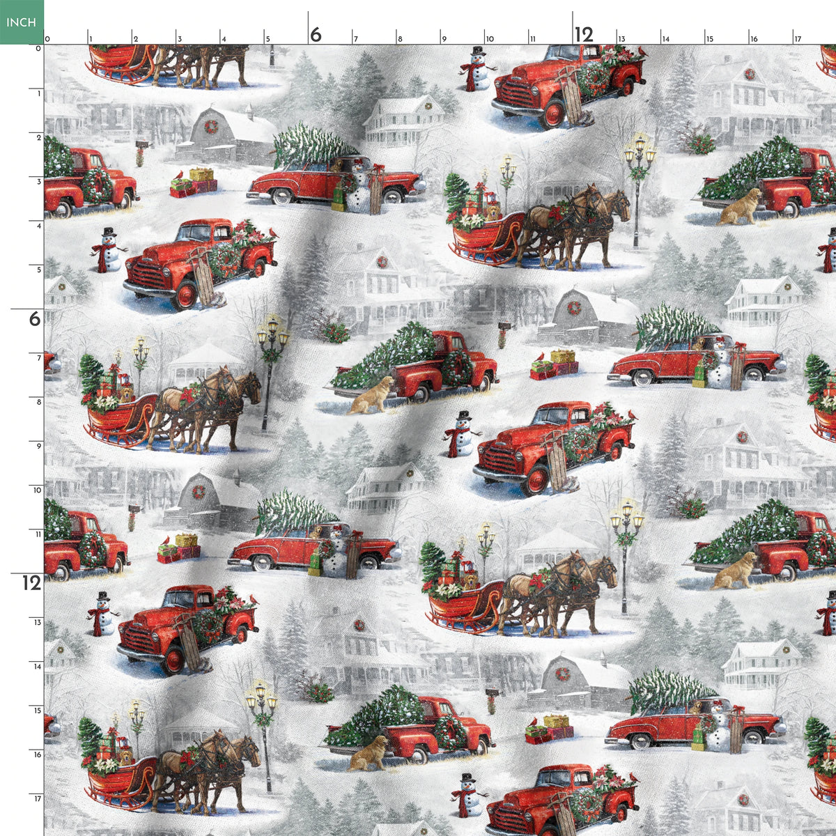 Christmas pattern with vintage red trucks, horse-drawn sleighs, and pine trees in snowy winter landscape springs ruler 18x18