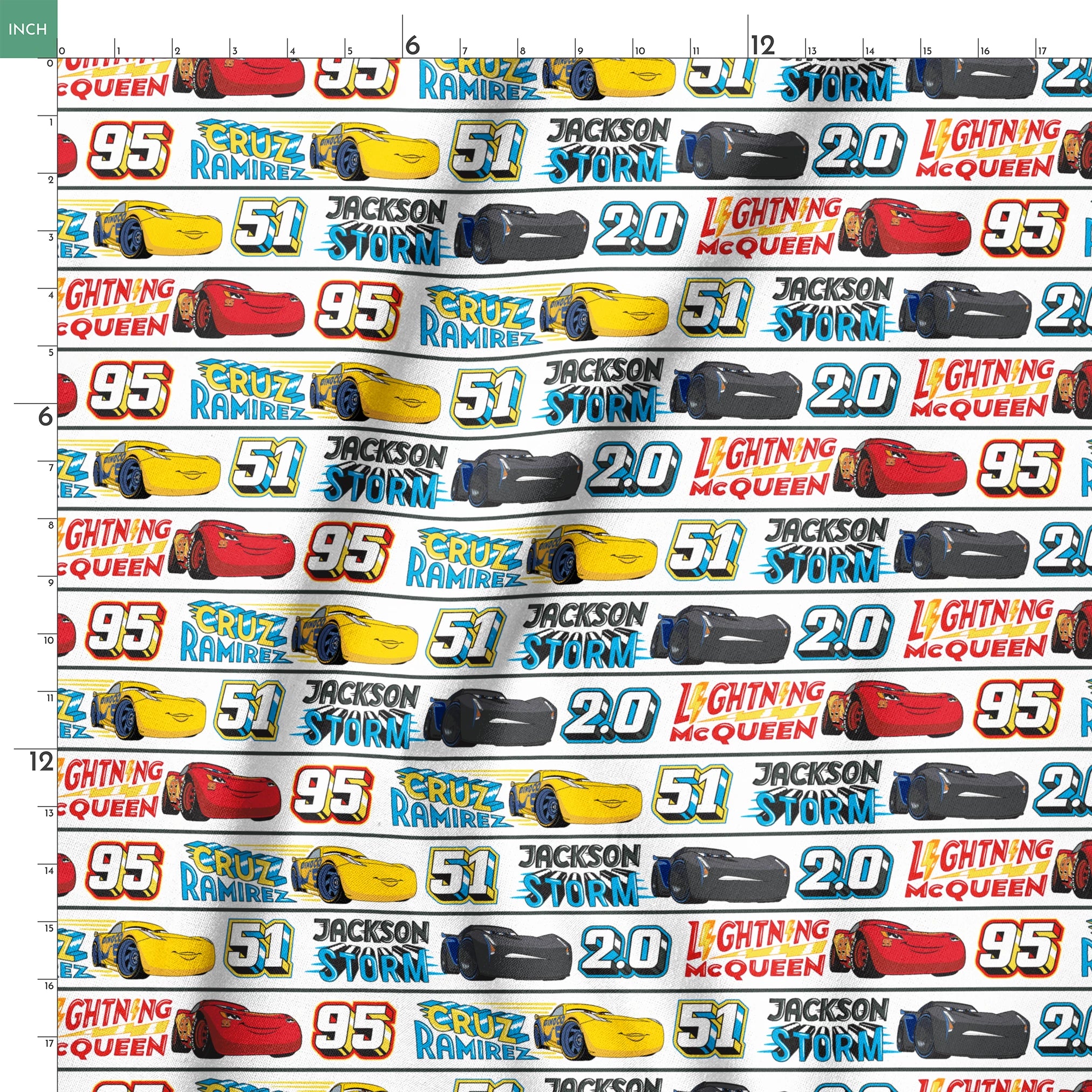 Disney Cars character ribbon with Lightning McQueen 95, Cruz Ramirez 51, and Jackson Storm 20 repeated pattern springs ruler 18x18