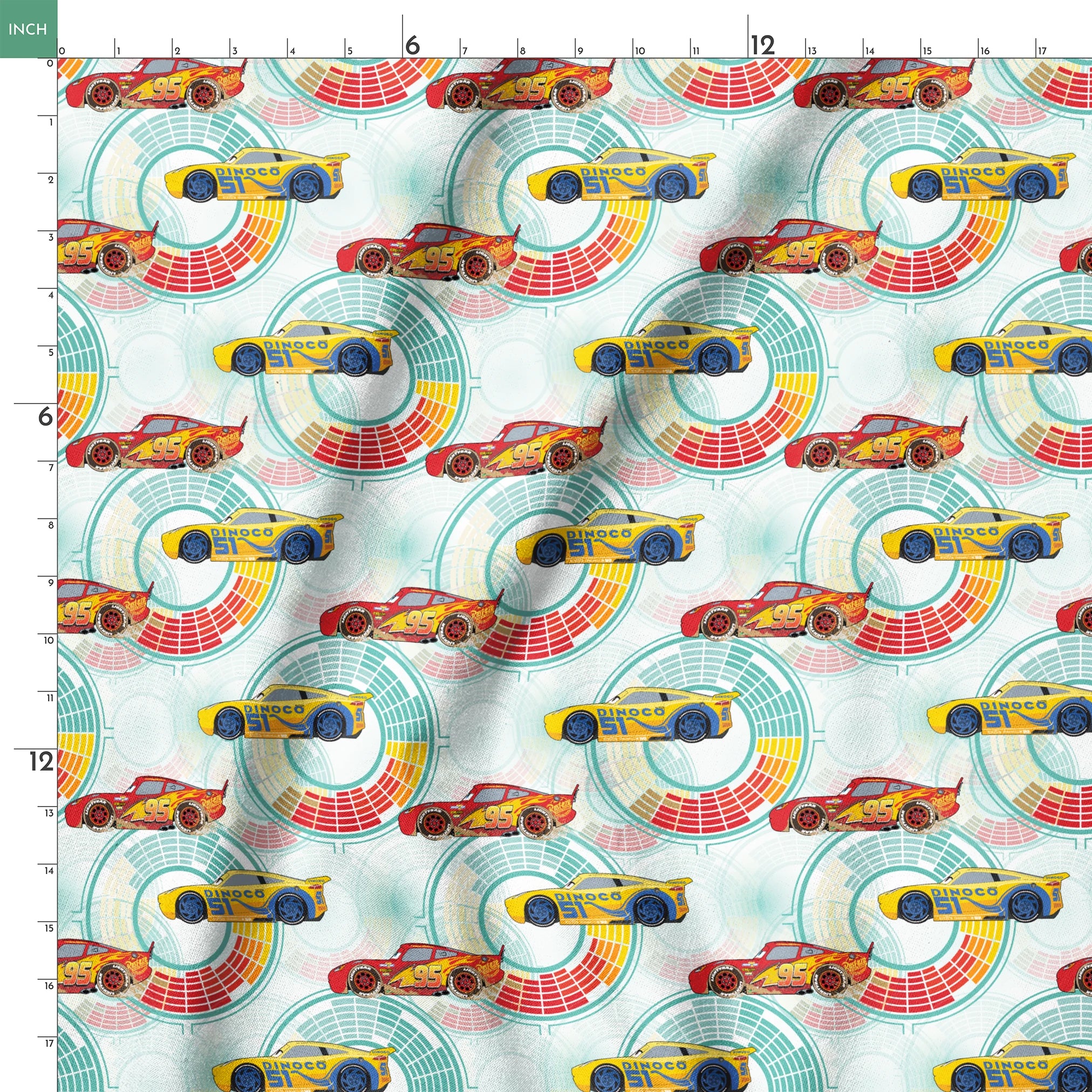 Colorful Disney Pixar Cars racing in red and yellow on a light blue background with circular patterns springs ruler 18x18