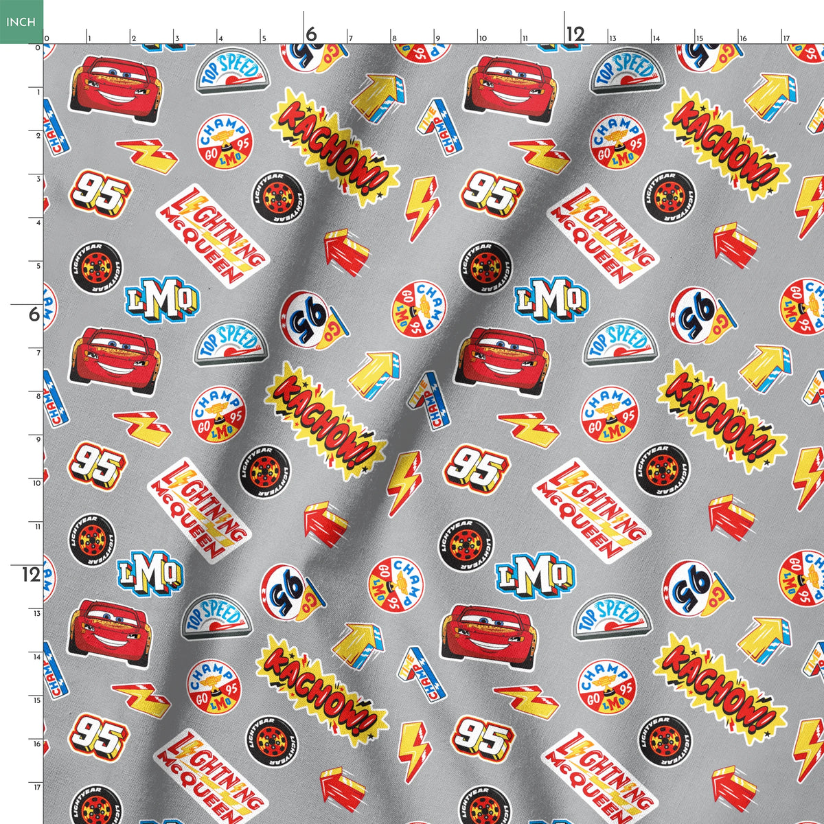 Colorful Disney Cars movie stickers featuring Lightning McQueen, racing logos, and numbers on gray background springs ruler 18x18