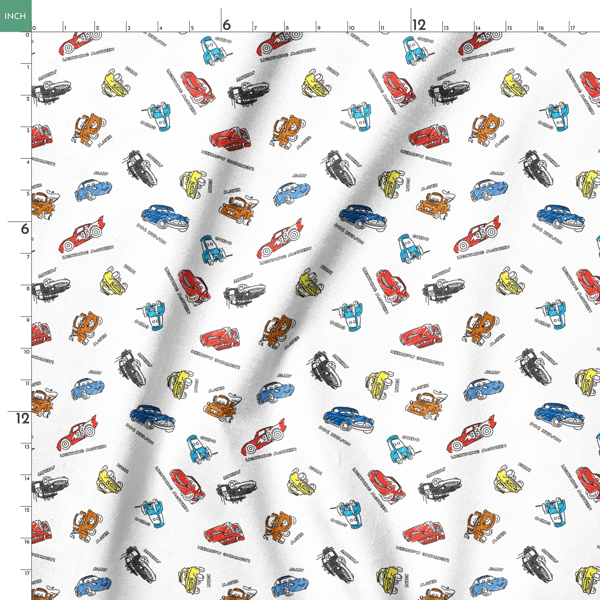 Colorful cartoon race cars in various colors scattered on white background with small text labels springs ruler 18x18