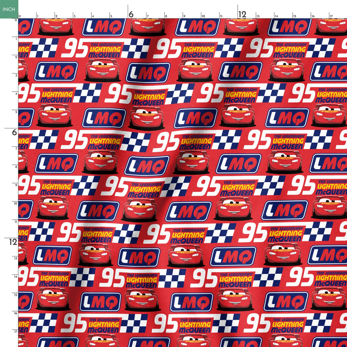 Colorful red racing pattern with "95" numbers, "Lightning" text, checkered flags, and blue "LMC" logos springs ruler 18x18