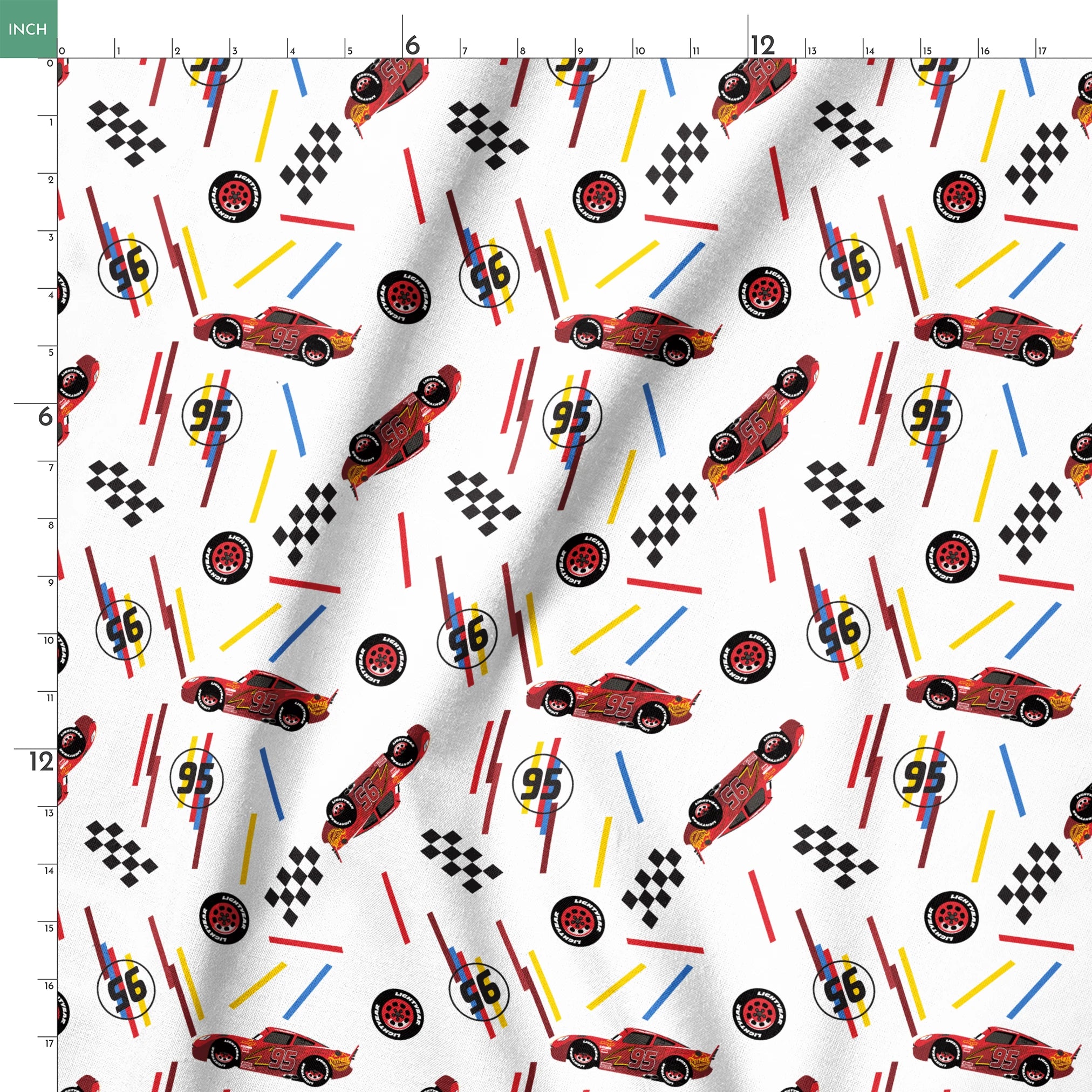 Racing car pattern with red toy cars, checkered flags, number 95 emblems, and colorful lines on white background springs ruler 18x18