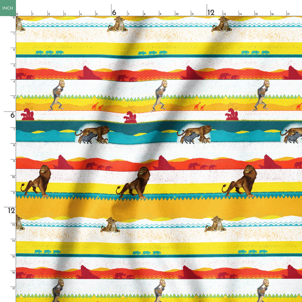 Colorful horizontal striped pattern featuring wildlife silhouettes including lion, elephant, and animals in savanna landscapes. springs ruler 18x18