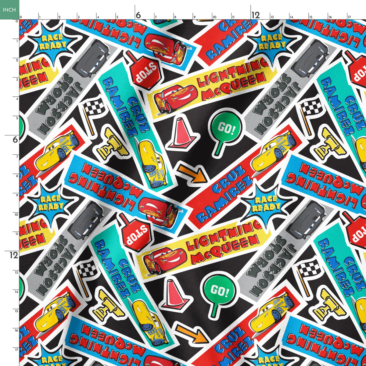 Colorful Cars movie stickers featuring Lightning McQueen, racing themes, and car motifs in vibrant colors. springs ruler 18x18