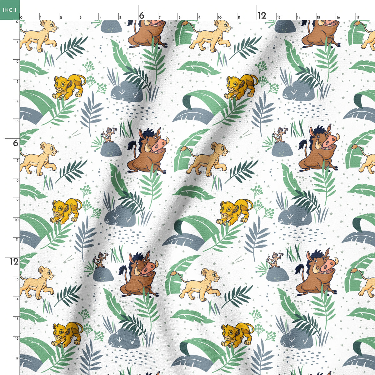 Cartoon lion cubs playing among tropical leaves and plants in green and blue tones on white background springs ruler 18x18