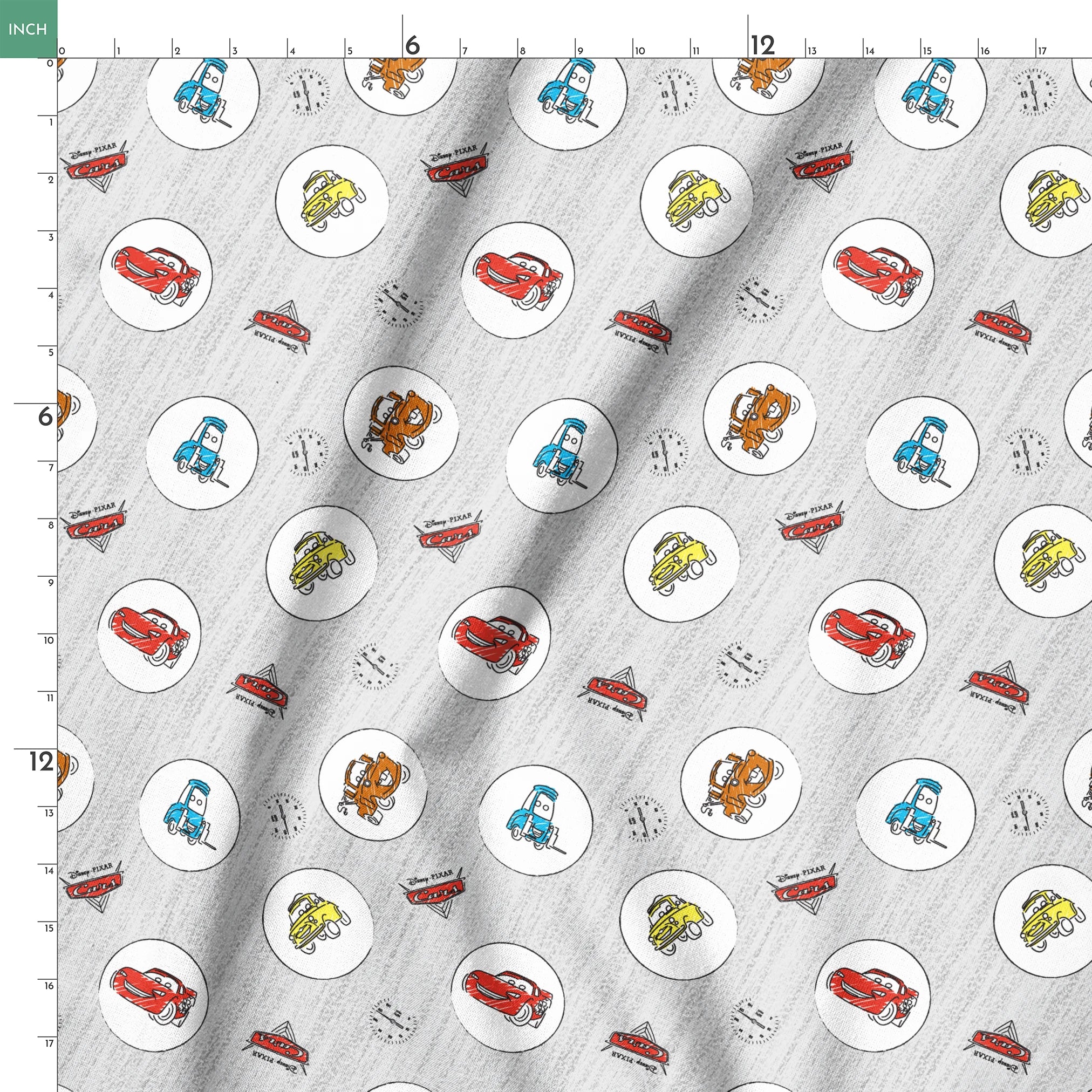 Cartoon Cars movie characters in white circles on a light gray sketched background with Cars logos springs ruler 18x18