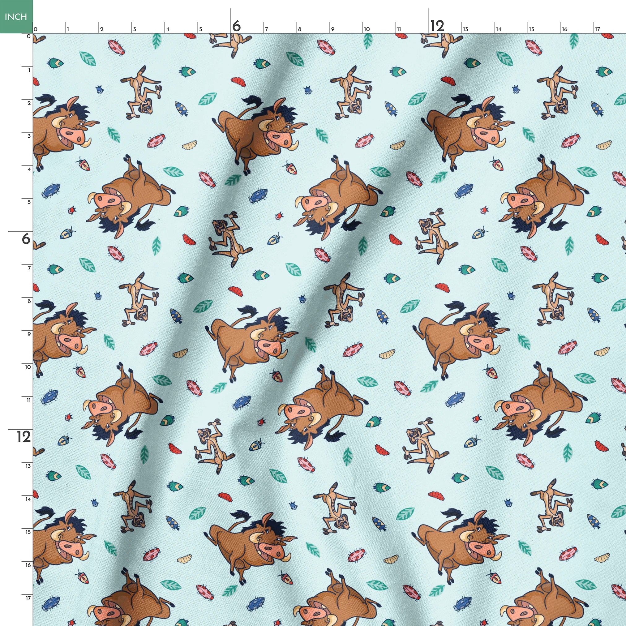 Lion King characters and colorful leaves scattered on light blue background in playful pattern springs ruler 18x18