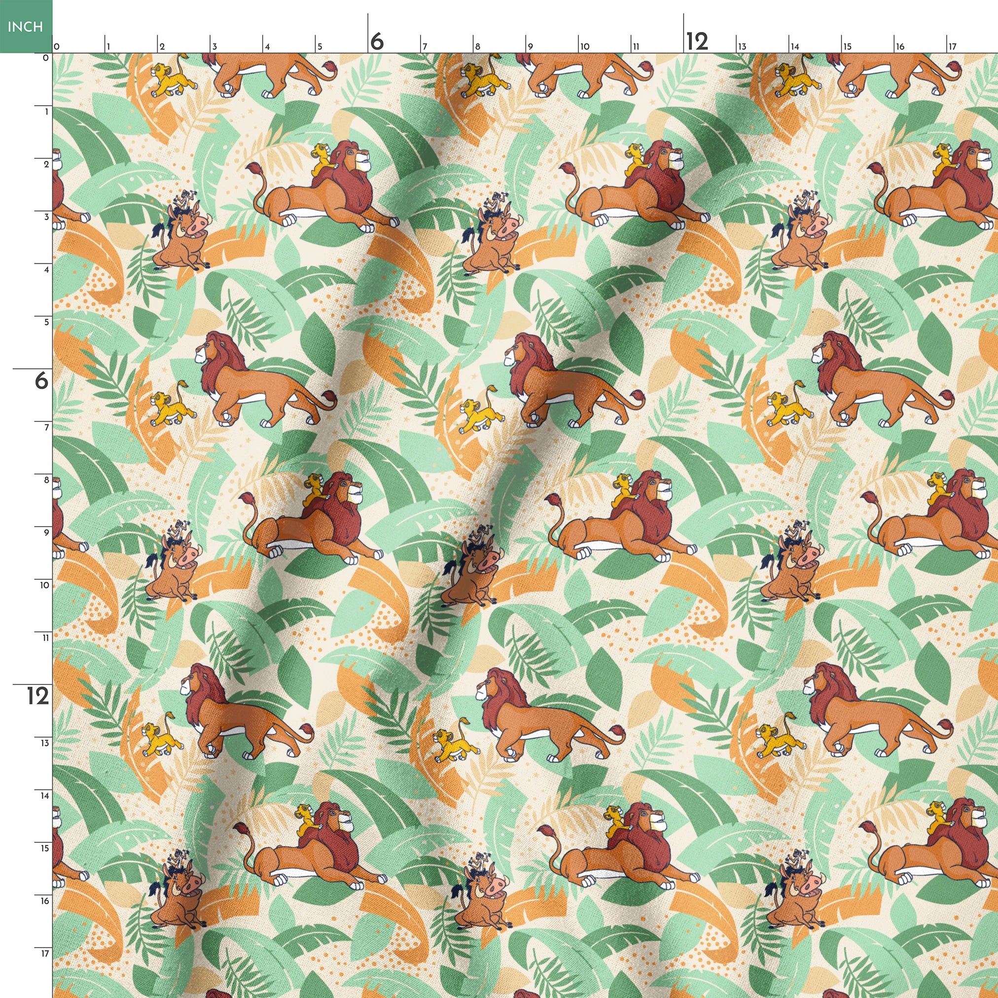 Lion King-inspired pattern with lions and jungle animals amid colorful tropical leaves on cream background springs ruler 18x18