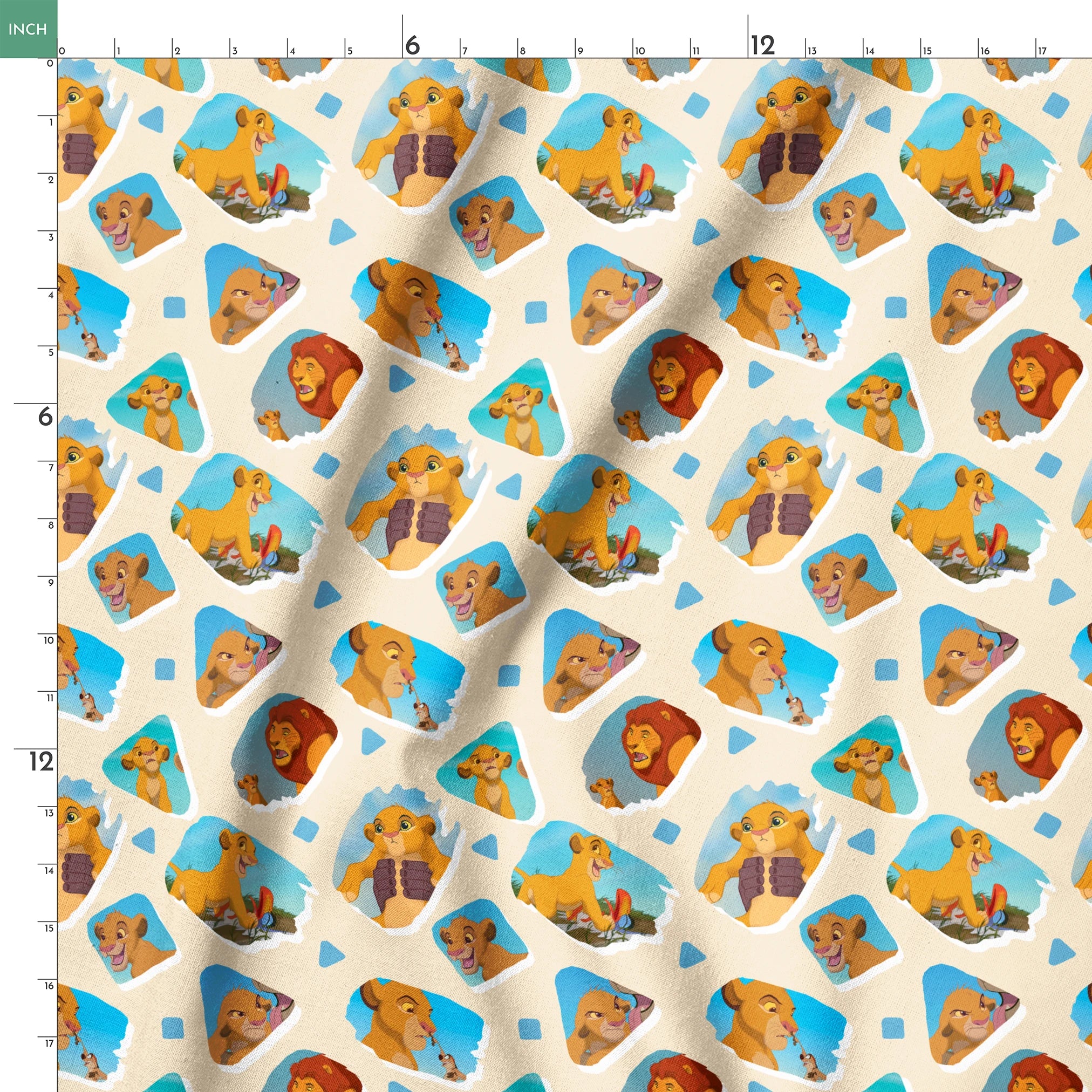 Young lion cub characters from The Lion King in a repeating pattern on cream background springs ruler 18x18