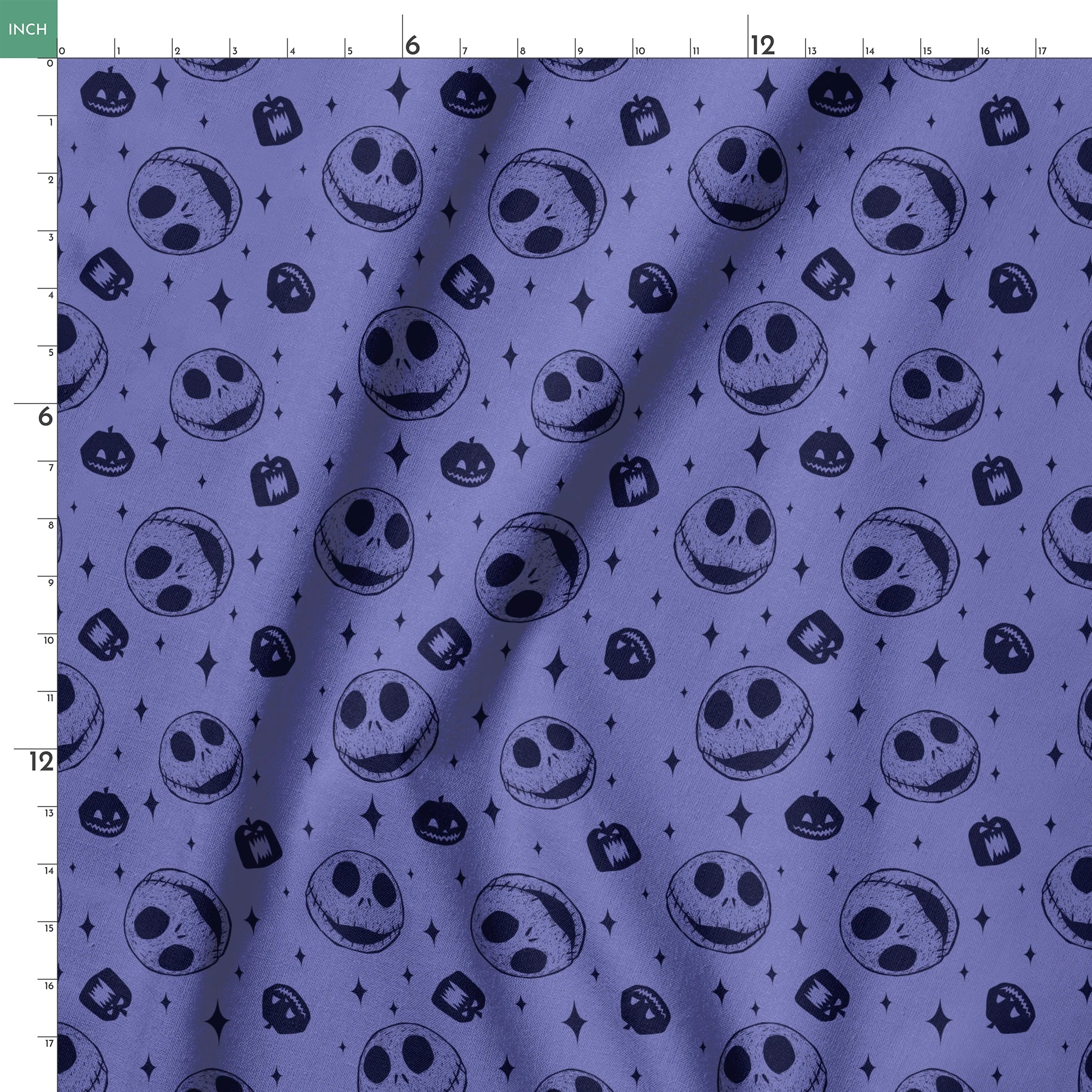 Nightmare Before Christmas skull and pumpkin pattern on purple background with black star shapes springs ruler 18x18