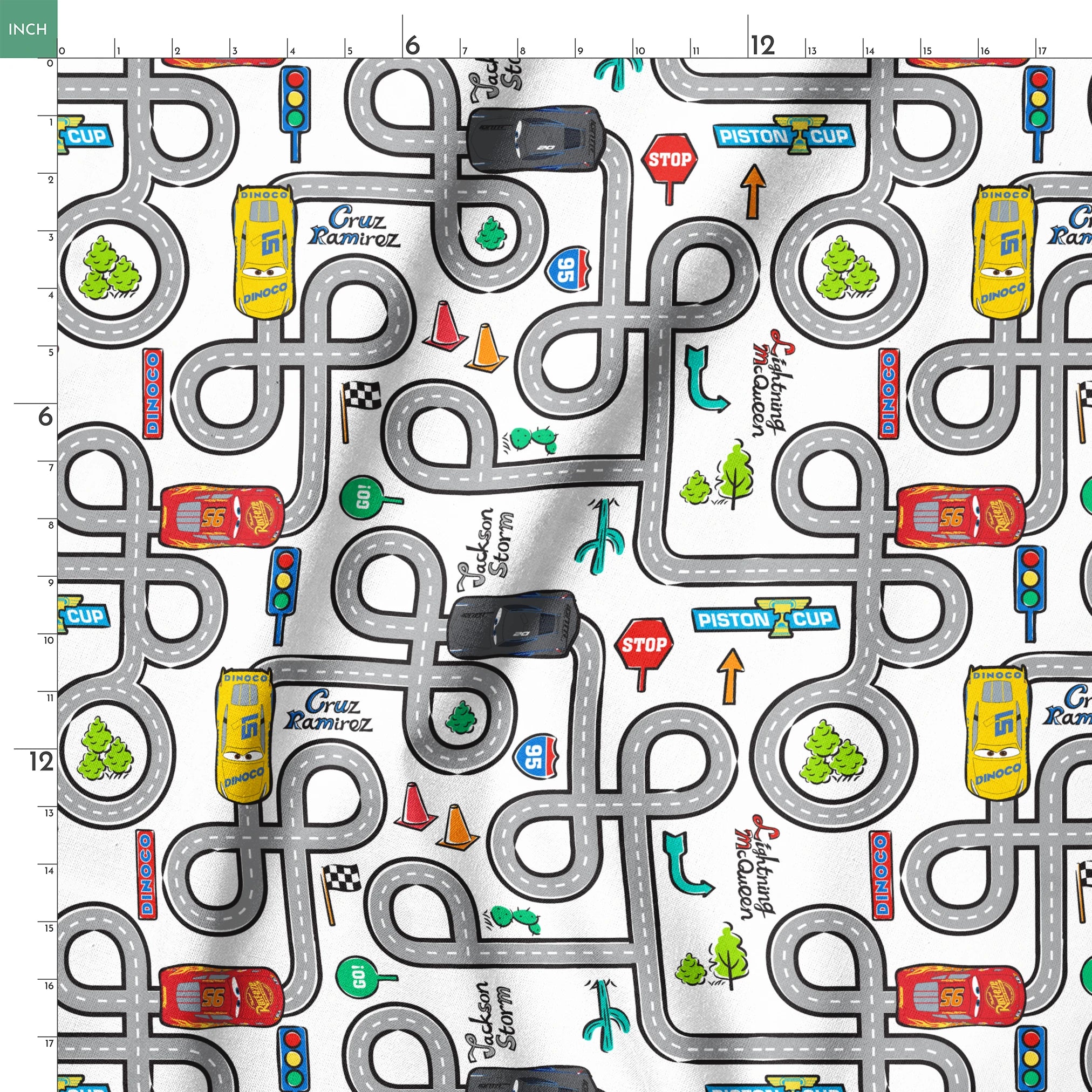 Cartoon road map with cars, traffic signs, and "Cruz Ramirez" label on winding gray streets springs ruler 18x18