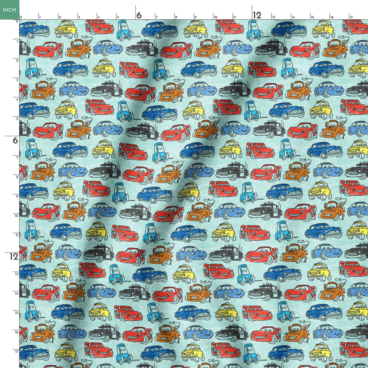 Colorful cartoon cars pattern including red racecars, blue sedans, yellow coupes, and tow trucks on light blue background springs ruler 18x18