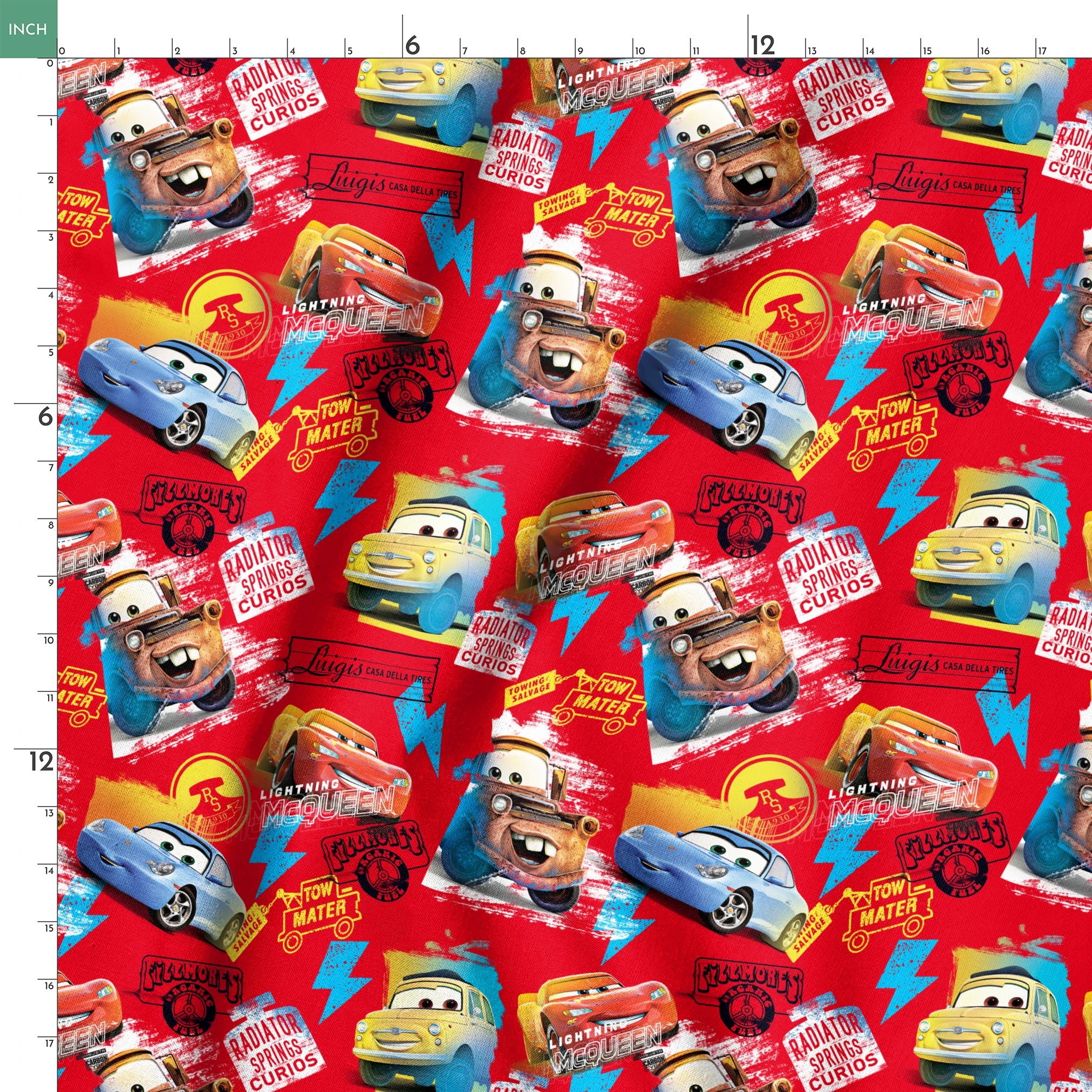 Colorful Cars movie characters pattern featuring Lightning McQueen and Mater on red background with logos springs ruler 18x18