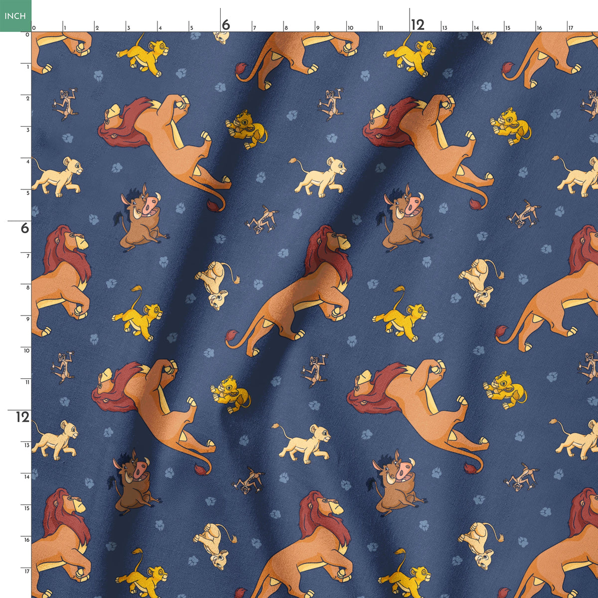 Colorful cartoon lions and characters from The Lion King scattered on dark blue background with paw prints springs ruler 18x18