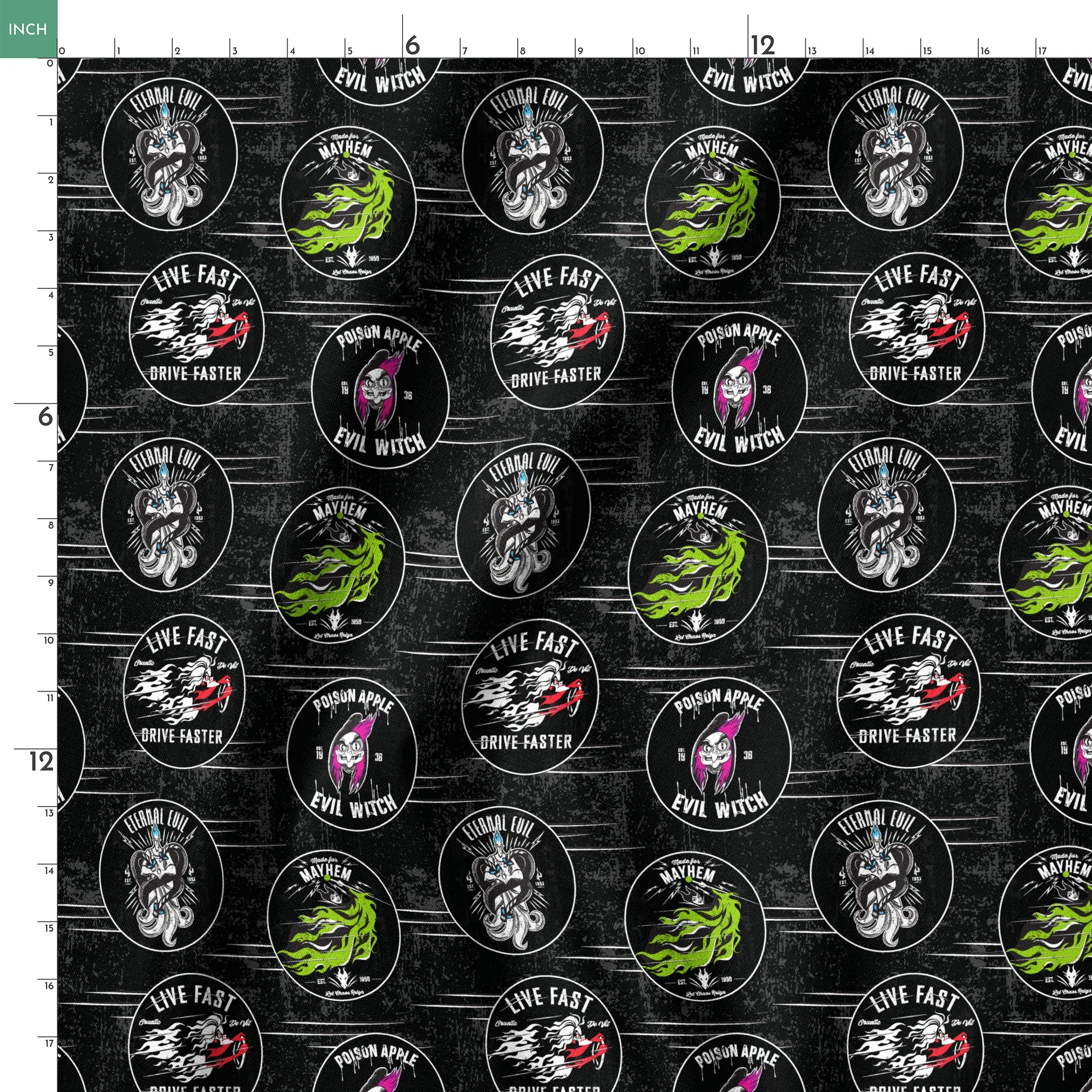 Punk-style Disney Villain circular badges including "Eternal Evil," "Live Fast Drive Faster," and green "Mayhem" designs on black background springs ruler 18x18