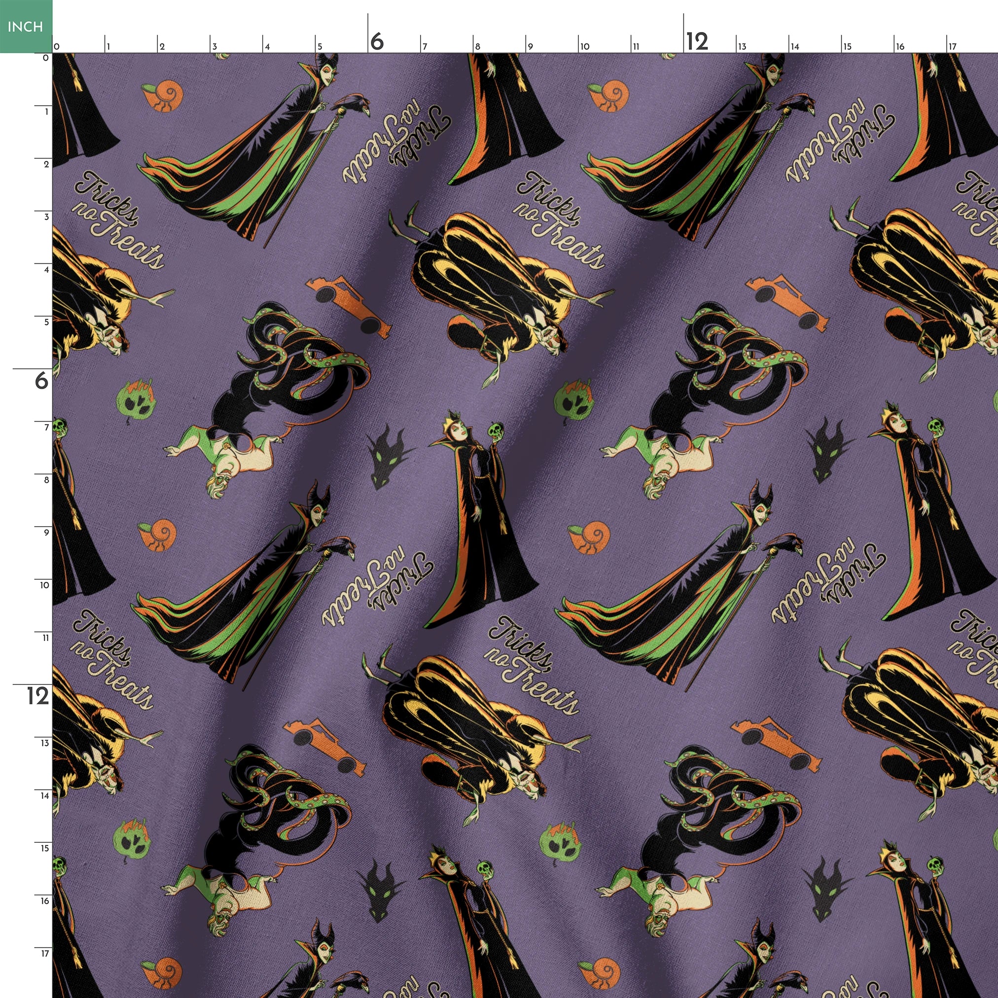 Cartoon villains pattern featuring Maleficent and other Disney antagonists on purple background springs ruler 18x18