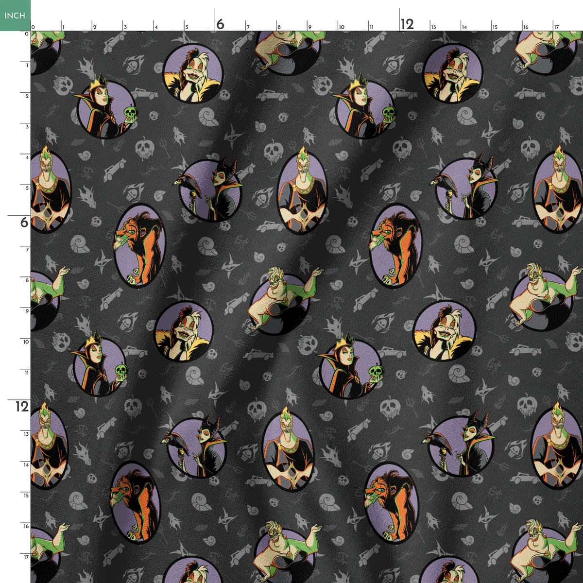Cartoon Disney villains in purple circles on dark gray background with villain-themed icons springs ruler 18x18
