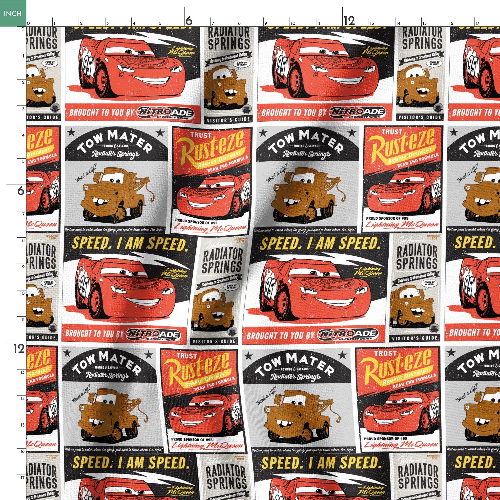Cars merchandise posters featuring red race car saying "Speed. I am speed." and brown tow truck character with "Tow Mater" in vintage advertising style springs ruler 18x18