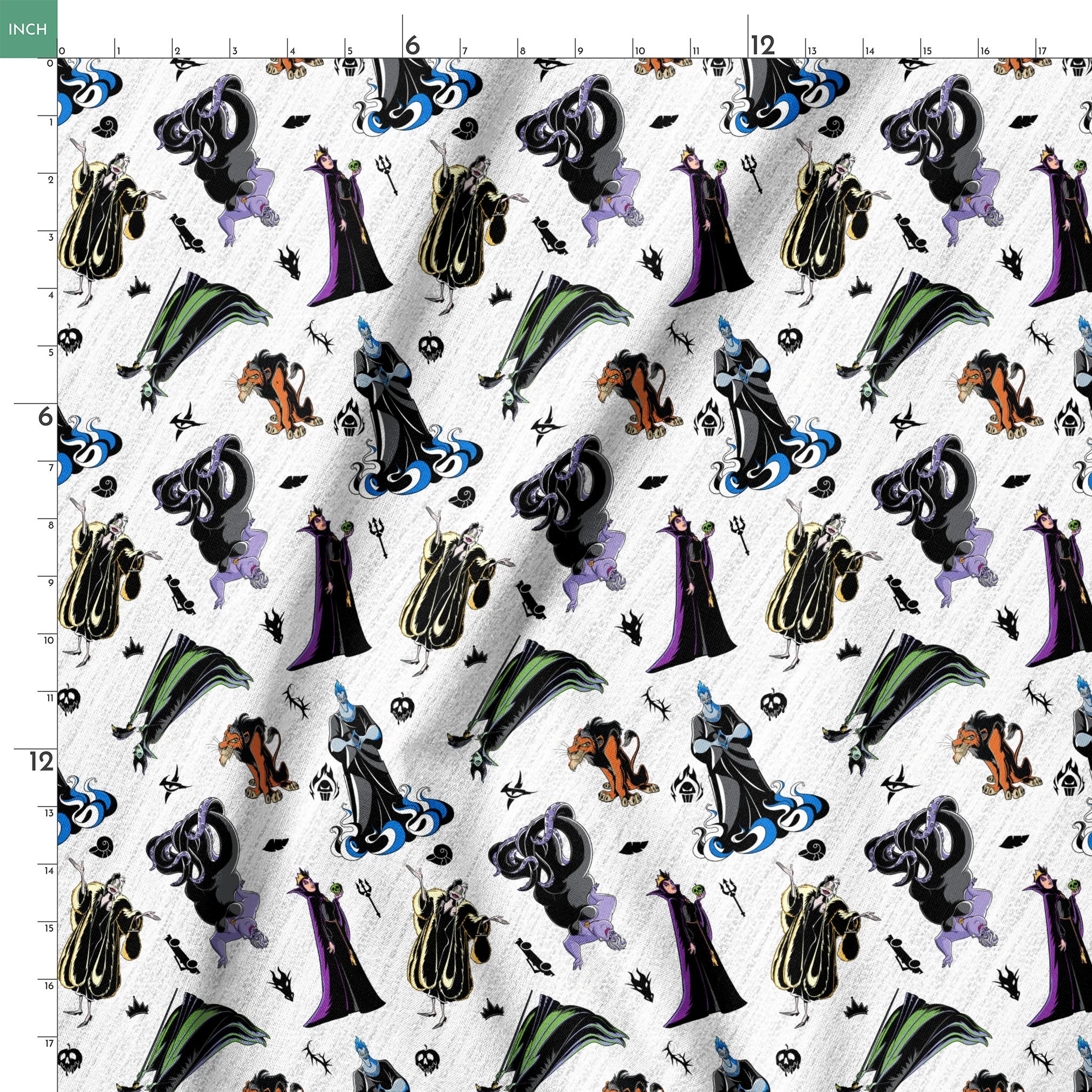 Disney villains pattern with stylized character silhouettes in black, purple, green, and orange on textured white background springs ruler 18x18