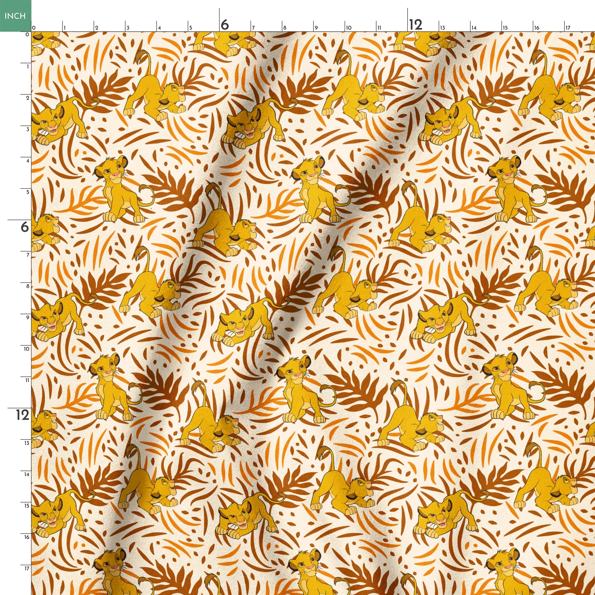 Cartoon lion cubs playing among stylized brown palm leaf pattern on cream background springs ruler 18x18