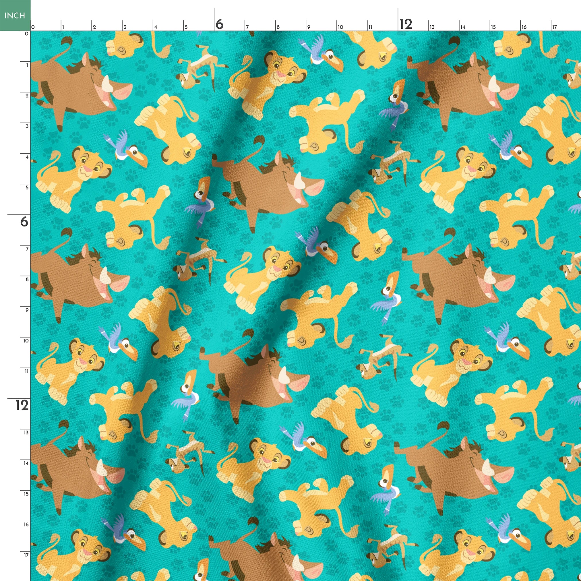 Cartoon Lion King characters pattern with Simba, Pumbaa and others on turquoise paw print background springs ruler 18x18