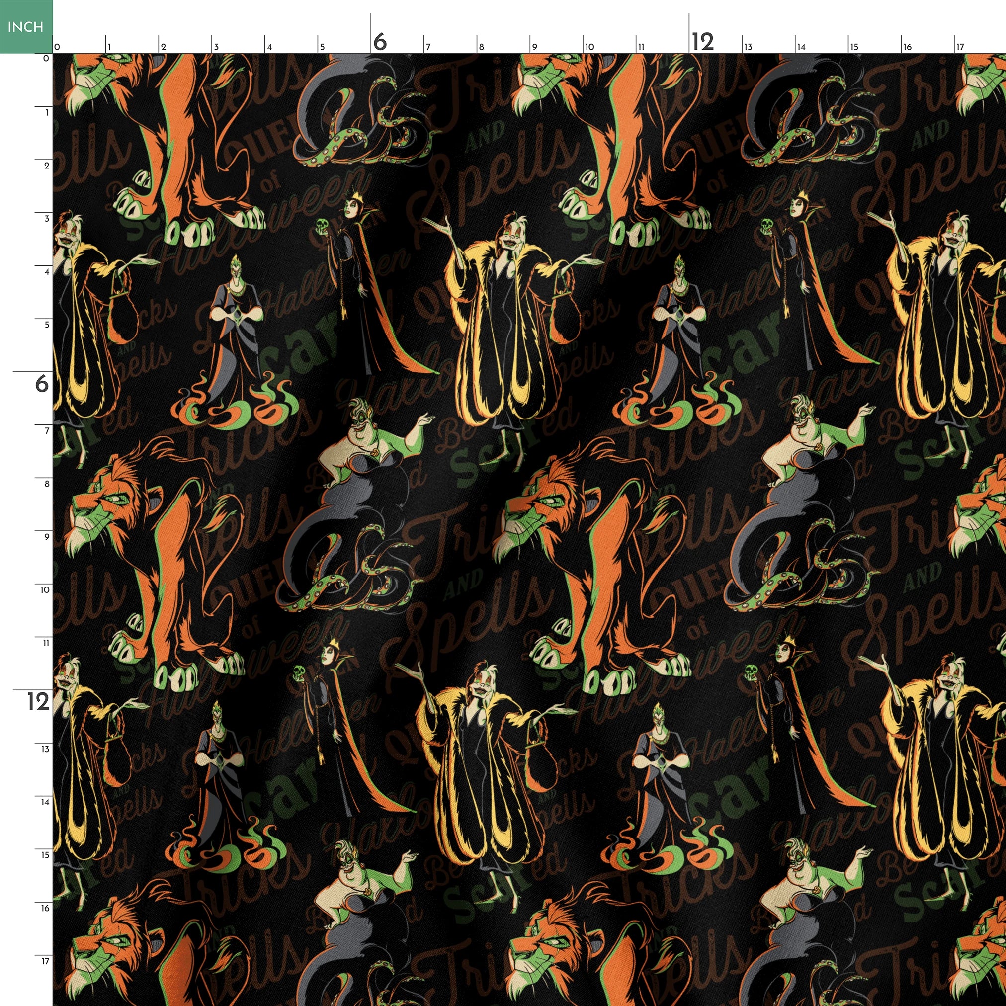 Dark background with Disney Villains in orange, green, and yellow silhouettes arranged in a repeating pattern springs ruler 18x18