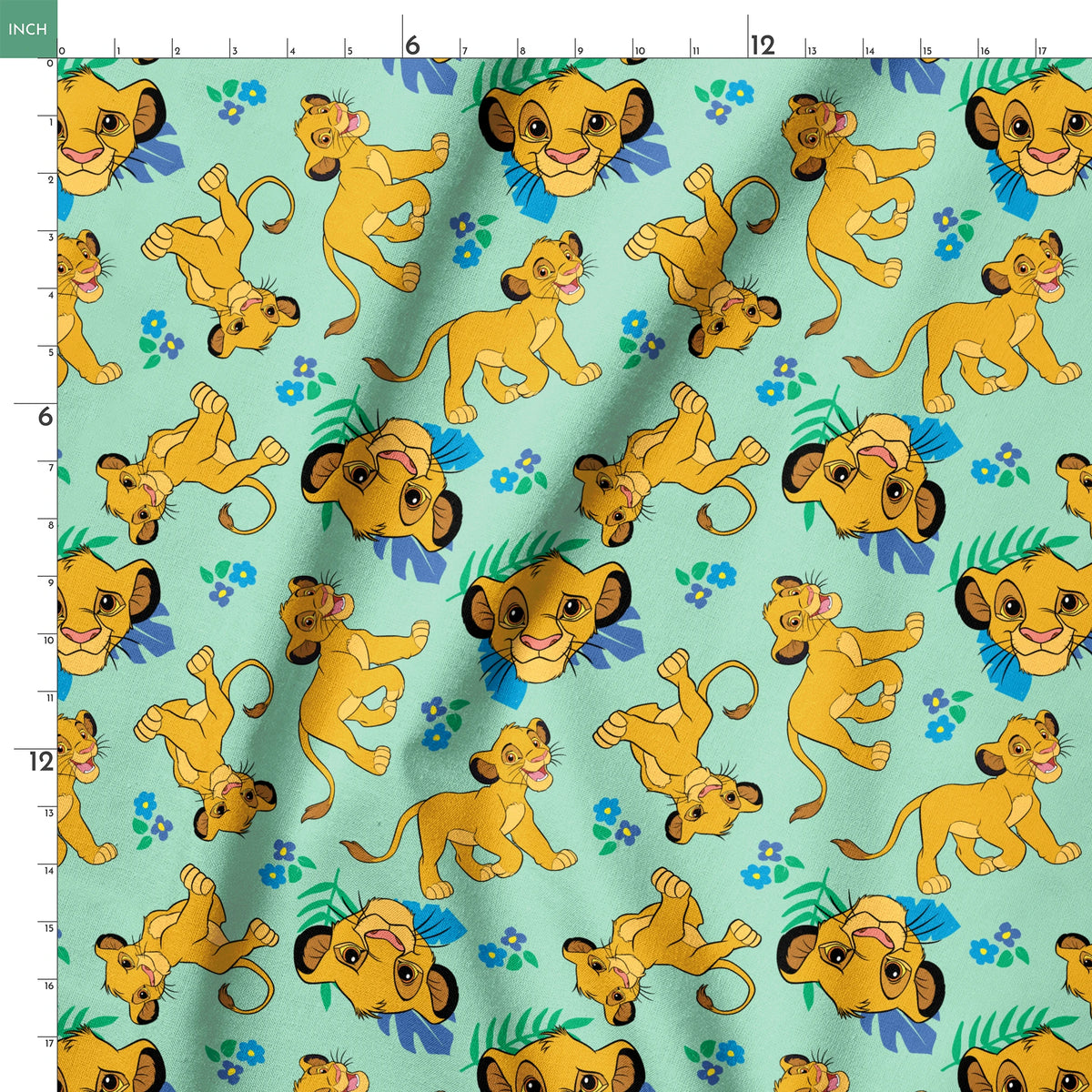 Cartoon lion cubs playing on mint green background with blue flowers and green leaves pattern springs ruler 18x18
