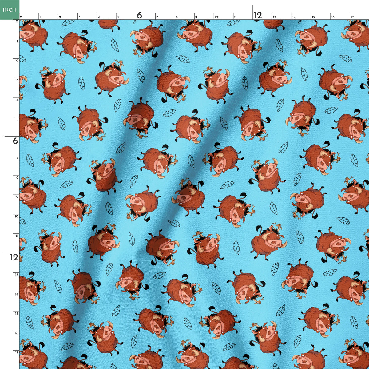 Cheerful Lion King characters with flower crowns dancing on light blue background with leaf patterns springs ruler 18x18