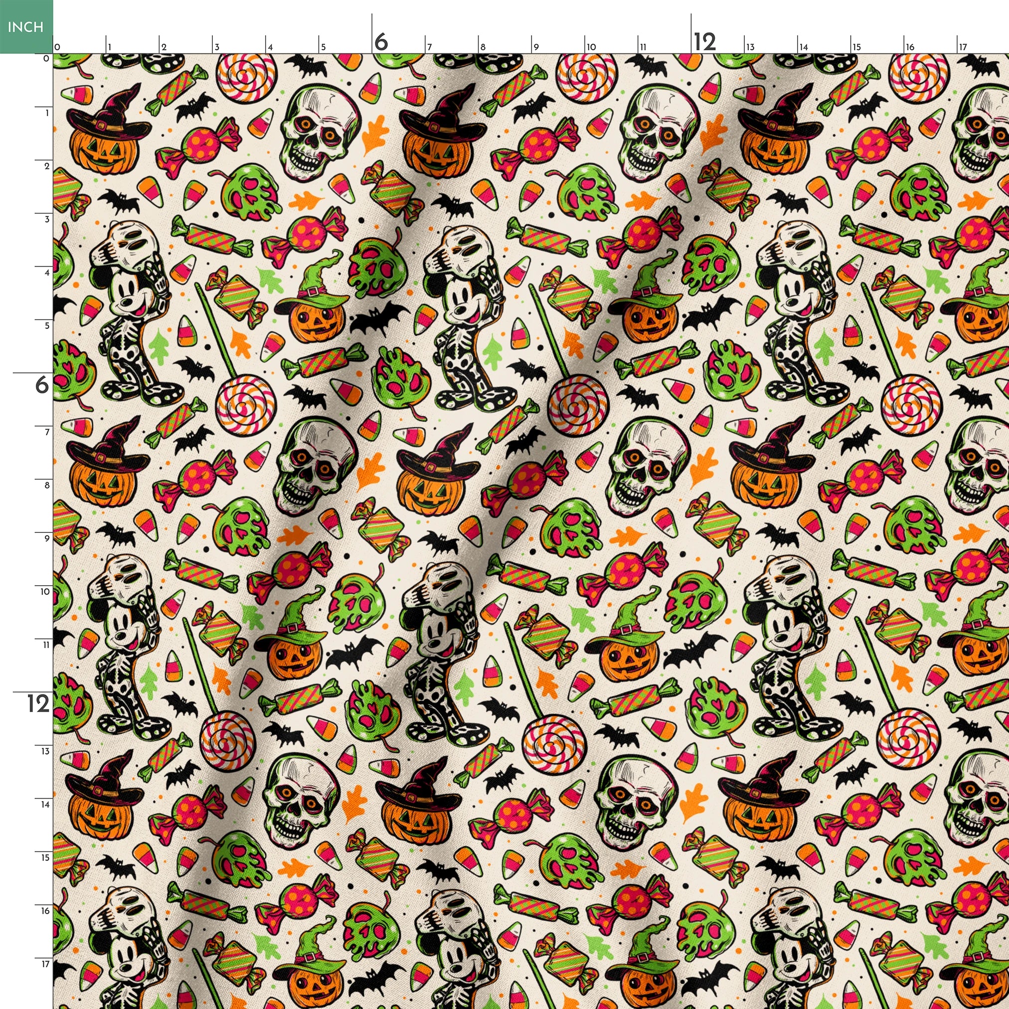 Halloween pattern with skulls, pumpkins, candy corn, wrapped candies, lollipops, bats, and autumn leaves on cream background springs ruler 18x18