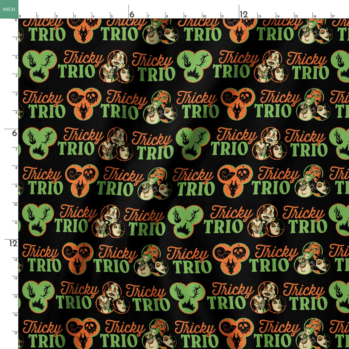 Disney Halloween pattern with "Tricky TRIO" text in orange and green, featuring Disney Villains, pumpkins, and ghostly designs on black background springs ruler 18x18